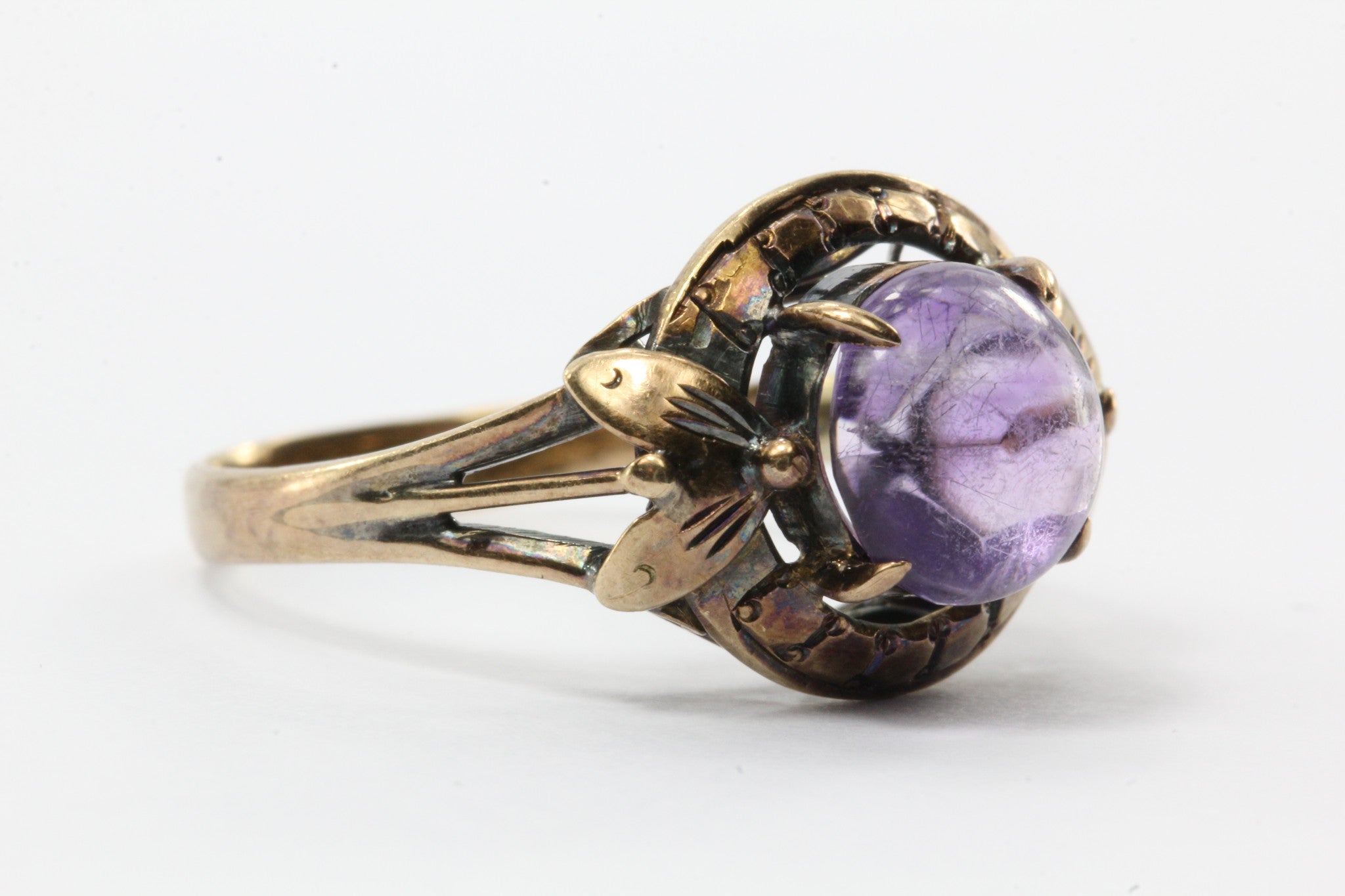 Antique Art Nouveau 14K Rose Gold 2.5ct Amethyst Cabochon Ring - Queen May