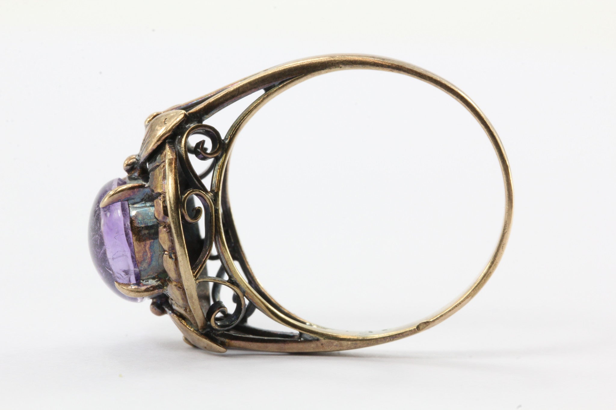 Antique Art Nouveau 14K Rose Gold 2.5ct Amethyst Cabochon Ring - Queen May