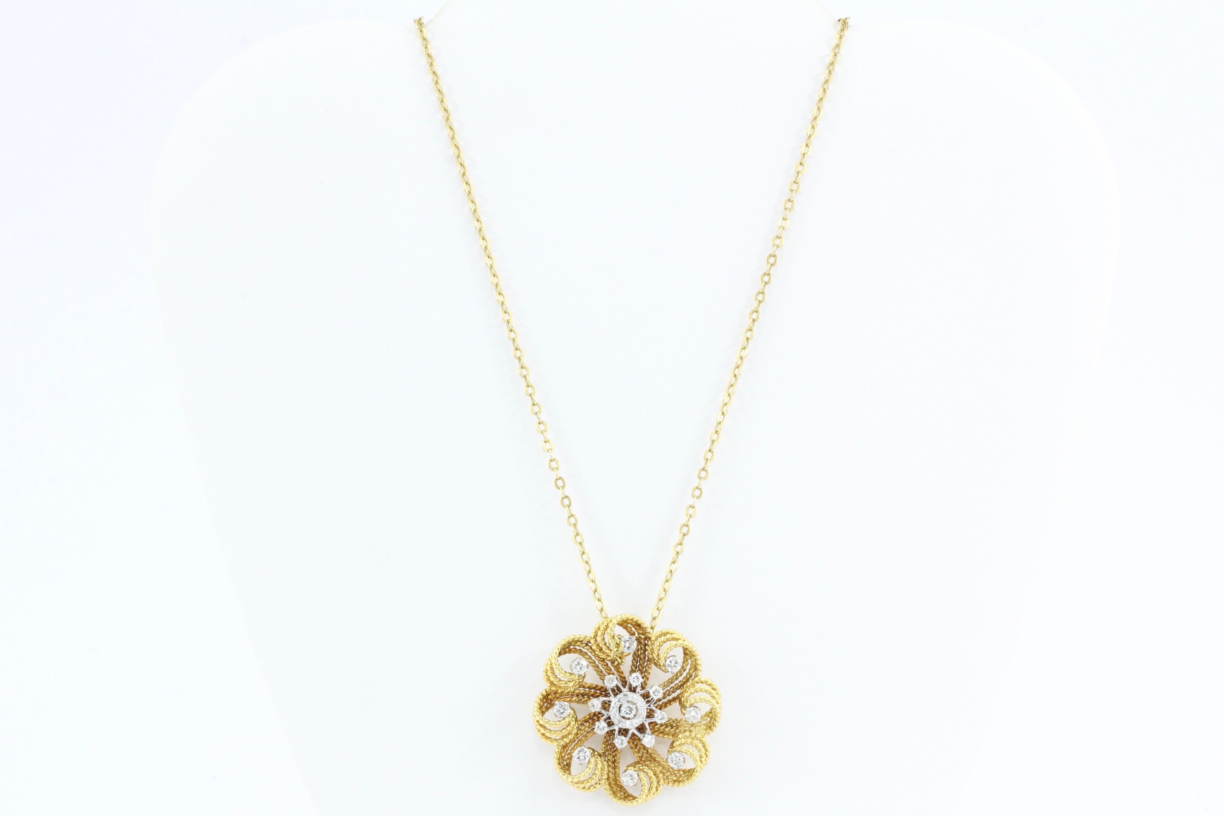 Retro 18K Gold Diamond Flower Swirl Pendant Necklace - Queen May