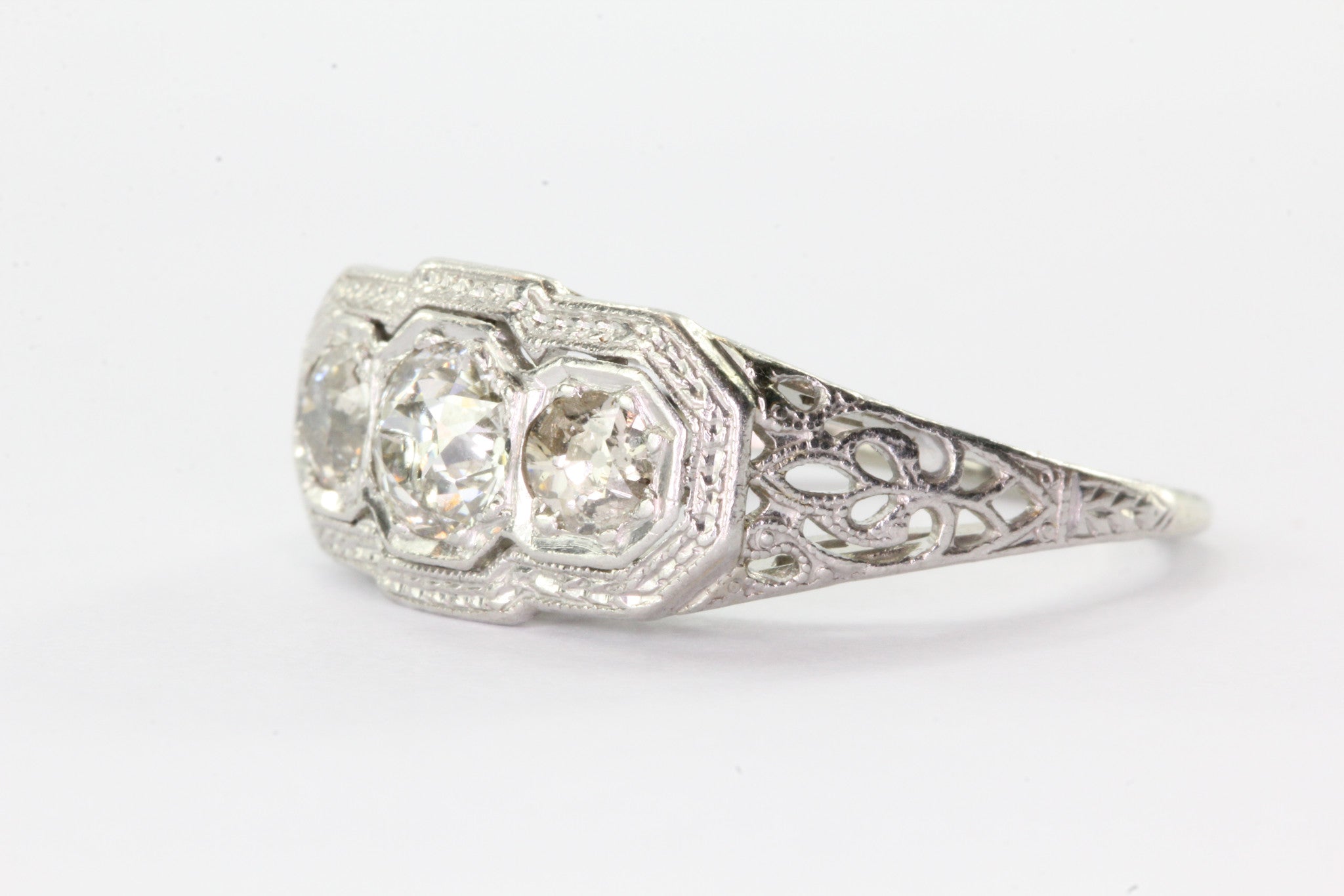 Antique Art Nouveau 18K White Gold & Platinum 3 Stone Diamond Engagement Ring - Queen May