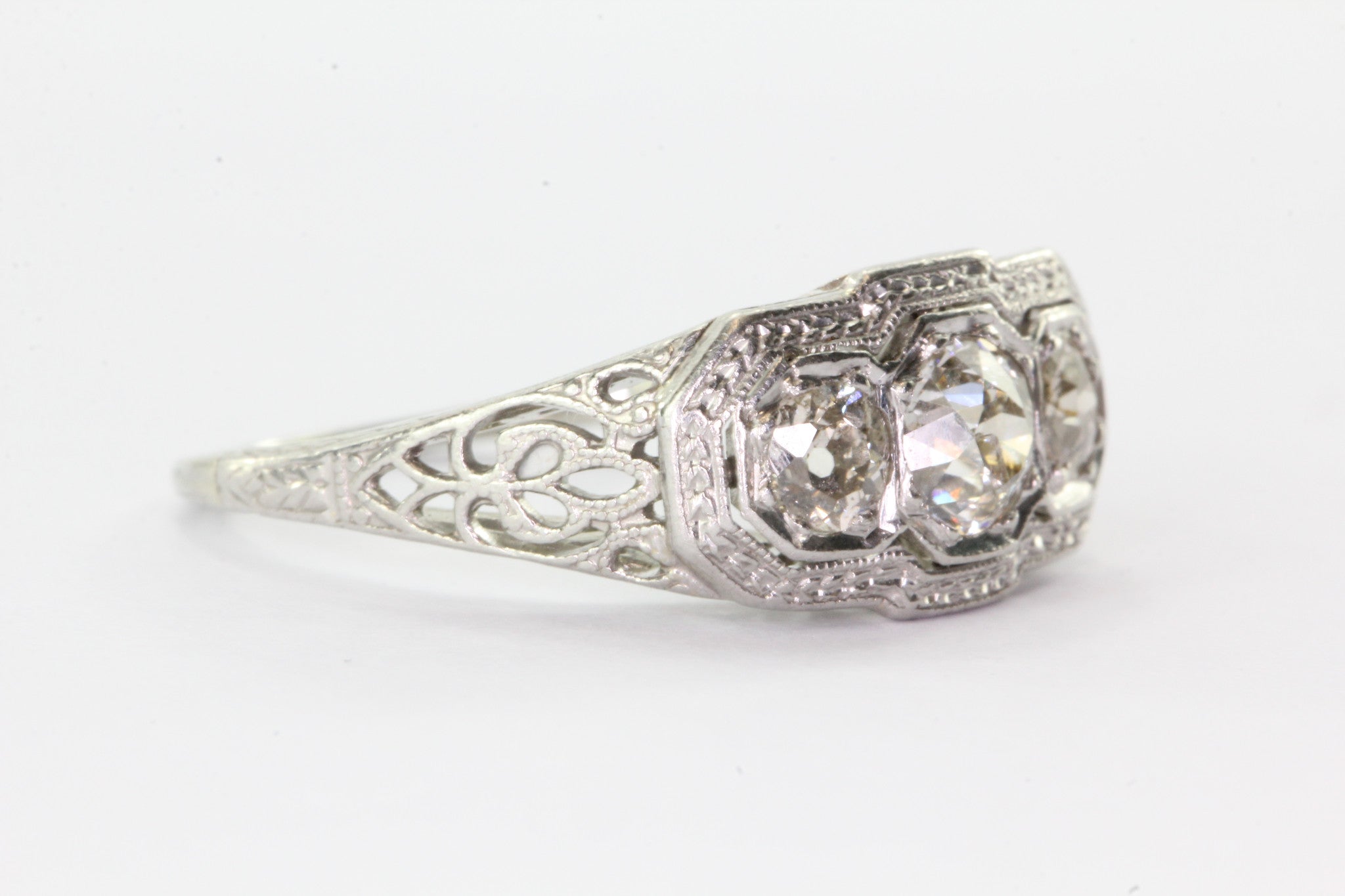 Antique Art Nouveau 18K White Gold & Platinum 3 Stone Diamond Engagement Ring - Queen May