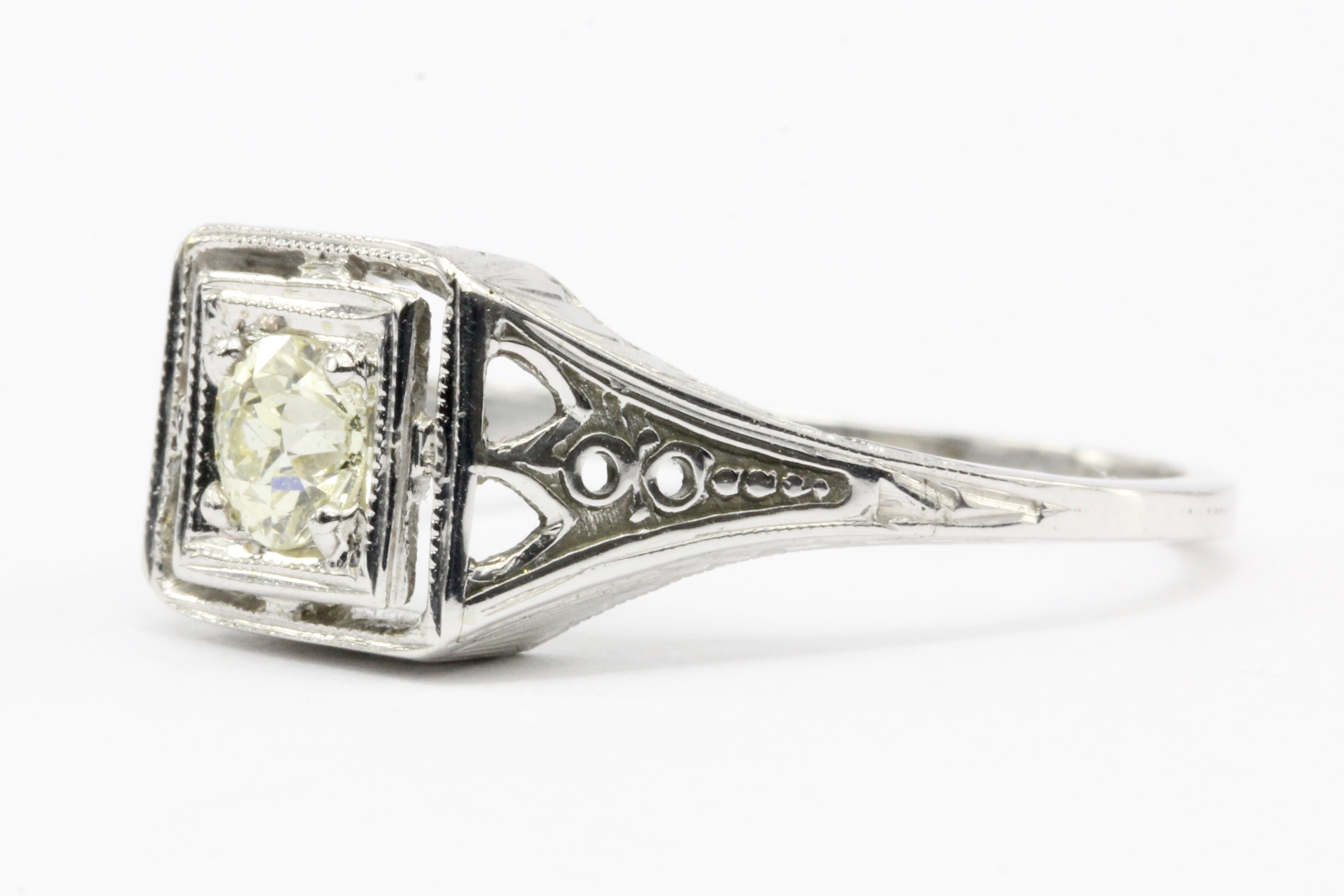 Art Deco Belais 18k White Gold .40CT Old Euro Fancy Yellow - Queen May