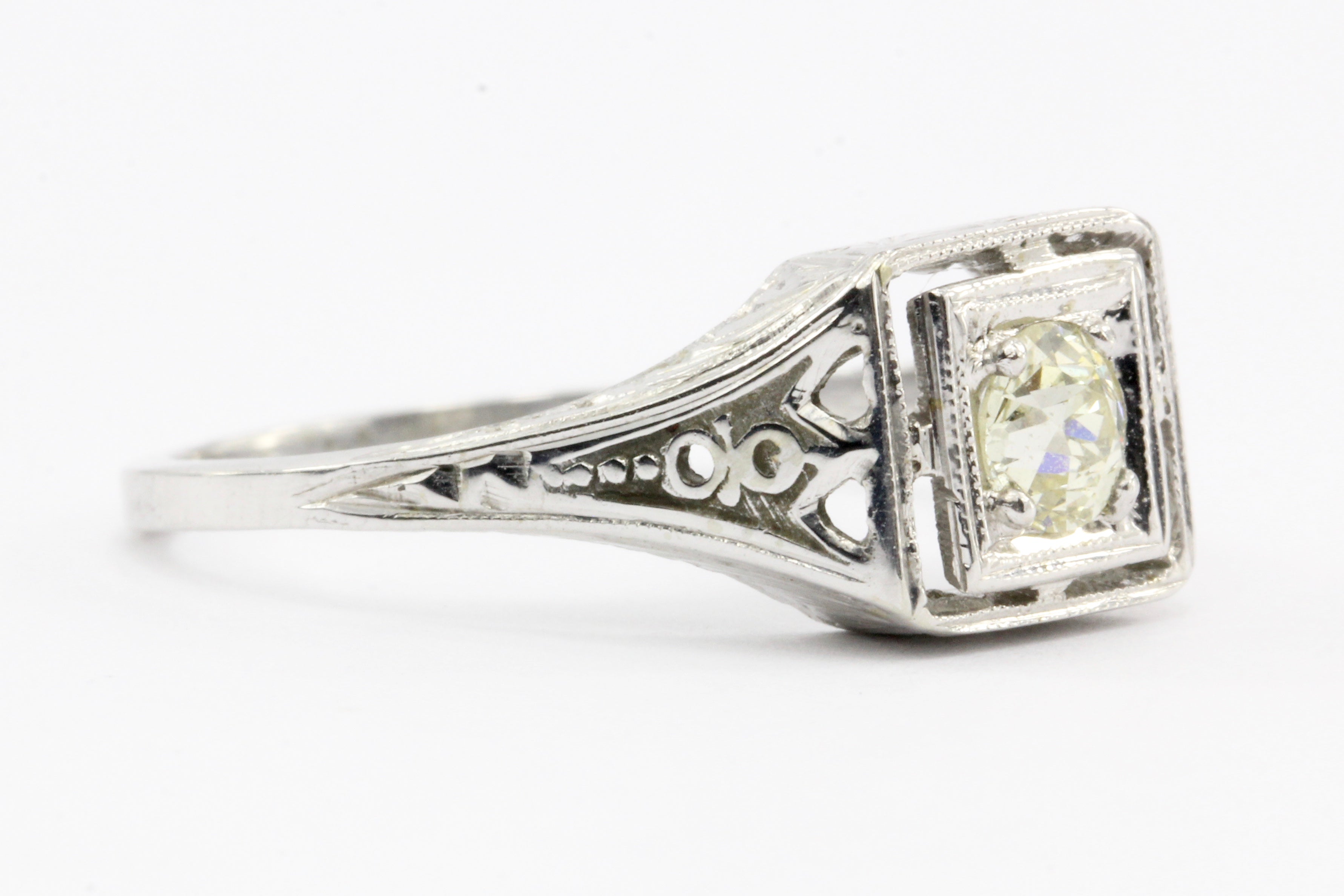 Art Deco Belais 18k White Gold .40CT Old Euro Fancy Yellow - Queen May