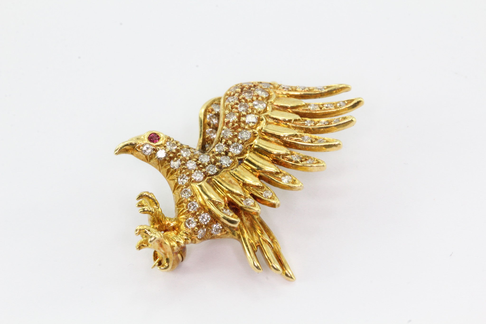 18K Yellow Gold Diamond & Ruby Flying Eagle Brooch Pin - Queen May