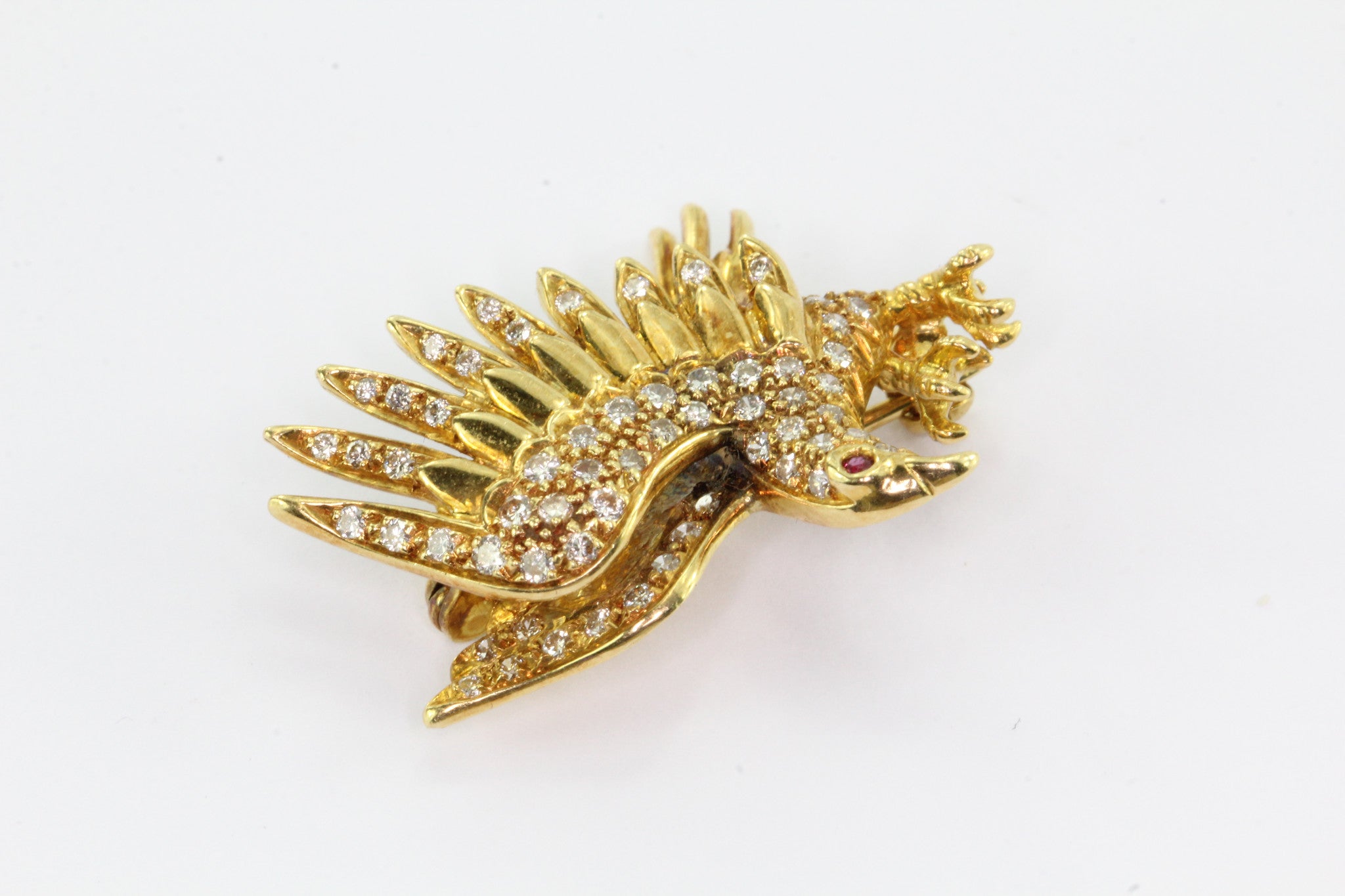 18K Yellow Gold Diamond & Ruby Flying Eagle Brooch Pin - Queen May