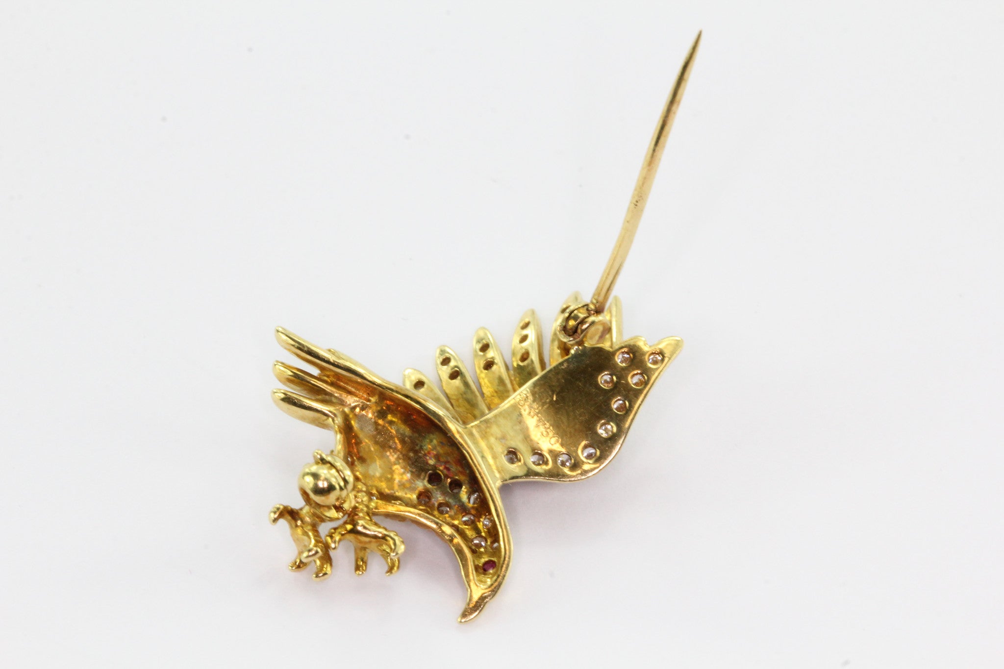 18K Yellow Gold Diamond & Ruby Flying Eagle Brooch Pin - Queen May