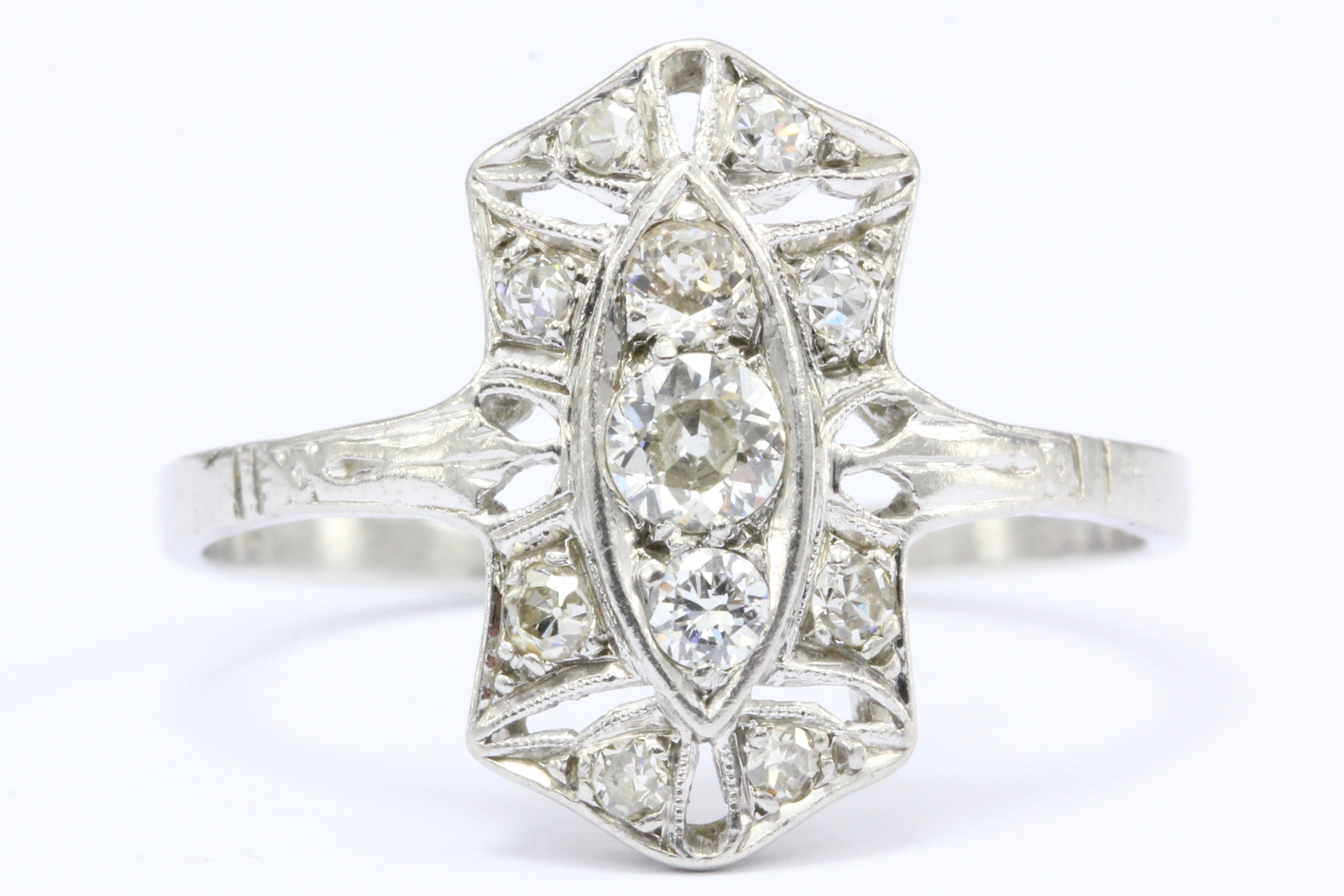 Art Deco Platinum Old European Cut Diamond Shield Engagement Ring - Queen May
