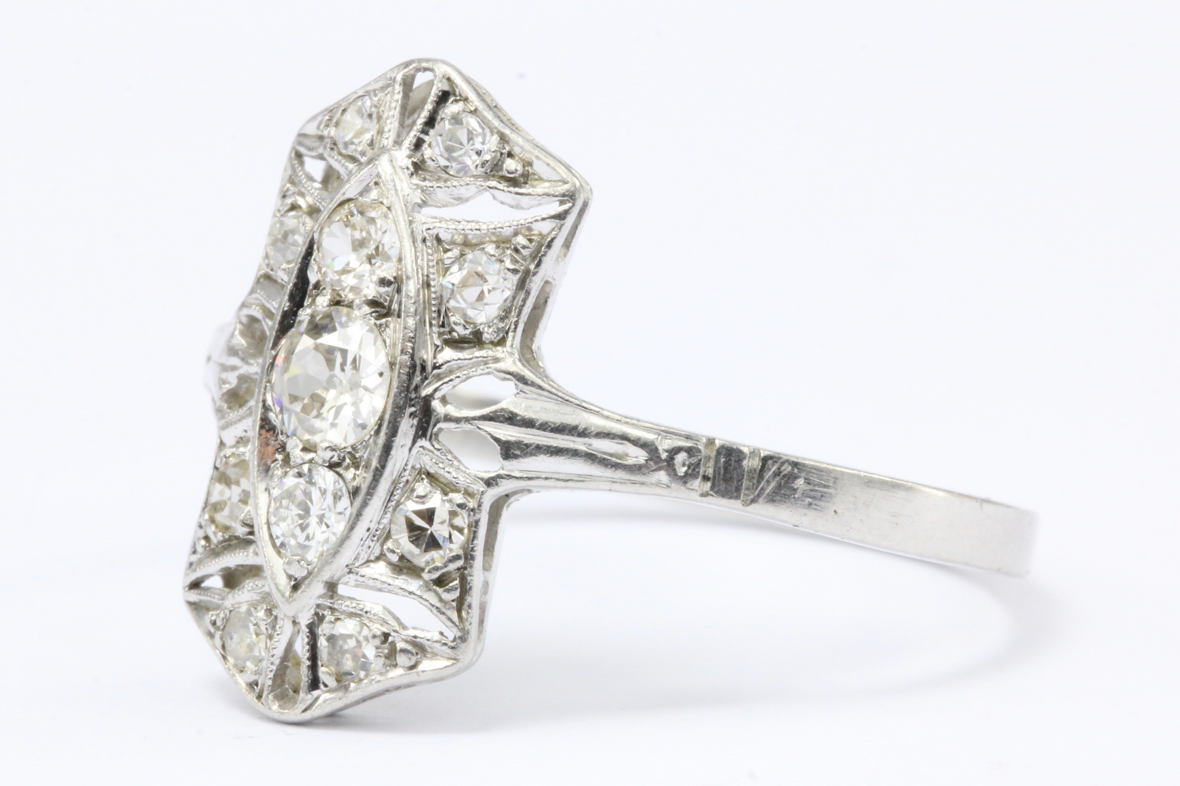 Art Deco Platinum Old European Cut Diamond Shield Engagement Ring - Queen May