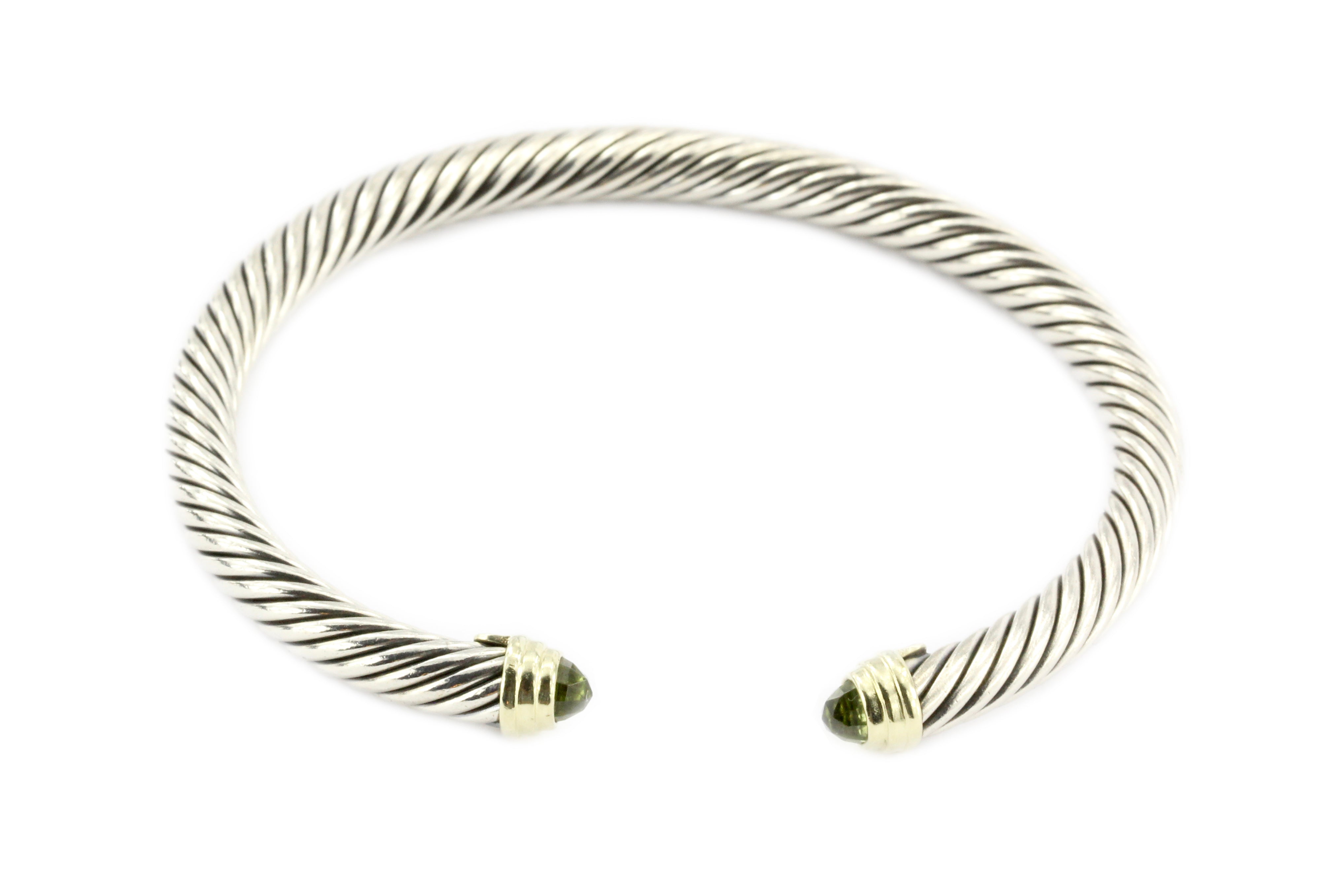 David Yurman Sterling Silver & 14K Peridot 5mm Cable Classics Cuff Bracelet - Queen May