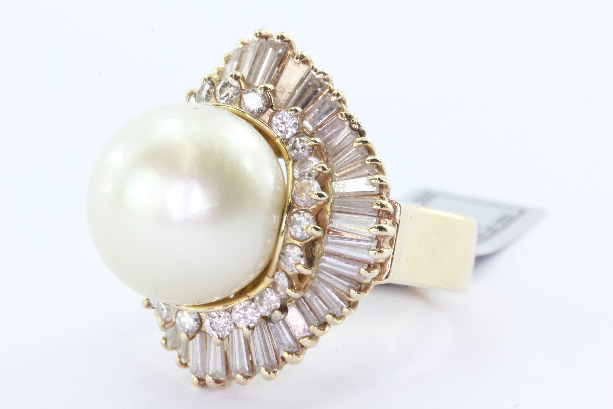 14K Gold Chunky 14mm Round Cream Rose Pearl Diamond Halo Ring - Queen May