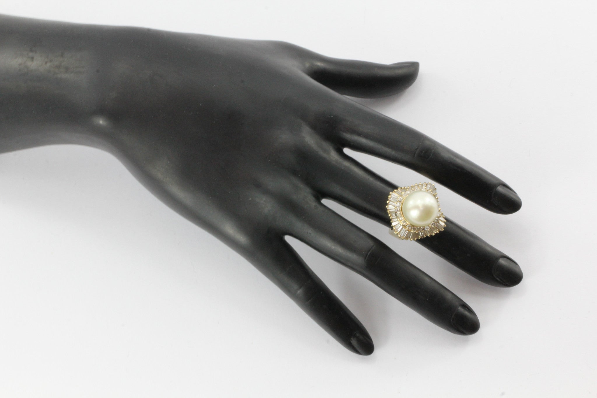 14K Gold Chunky 14mm Round Cream Rose Pearl Diamond Halo Ring - Queen May