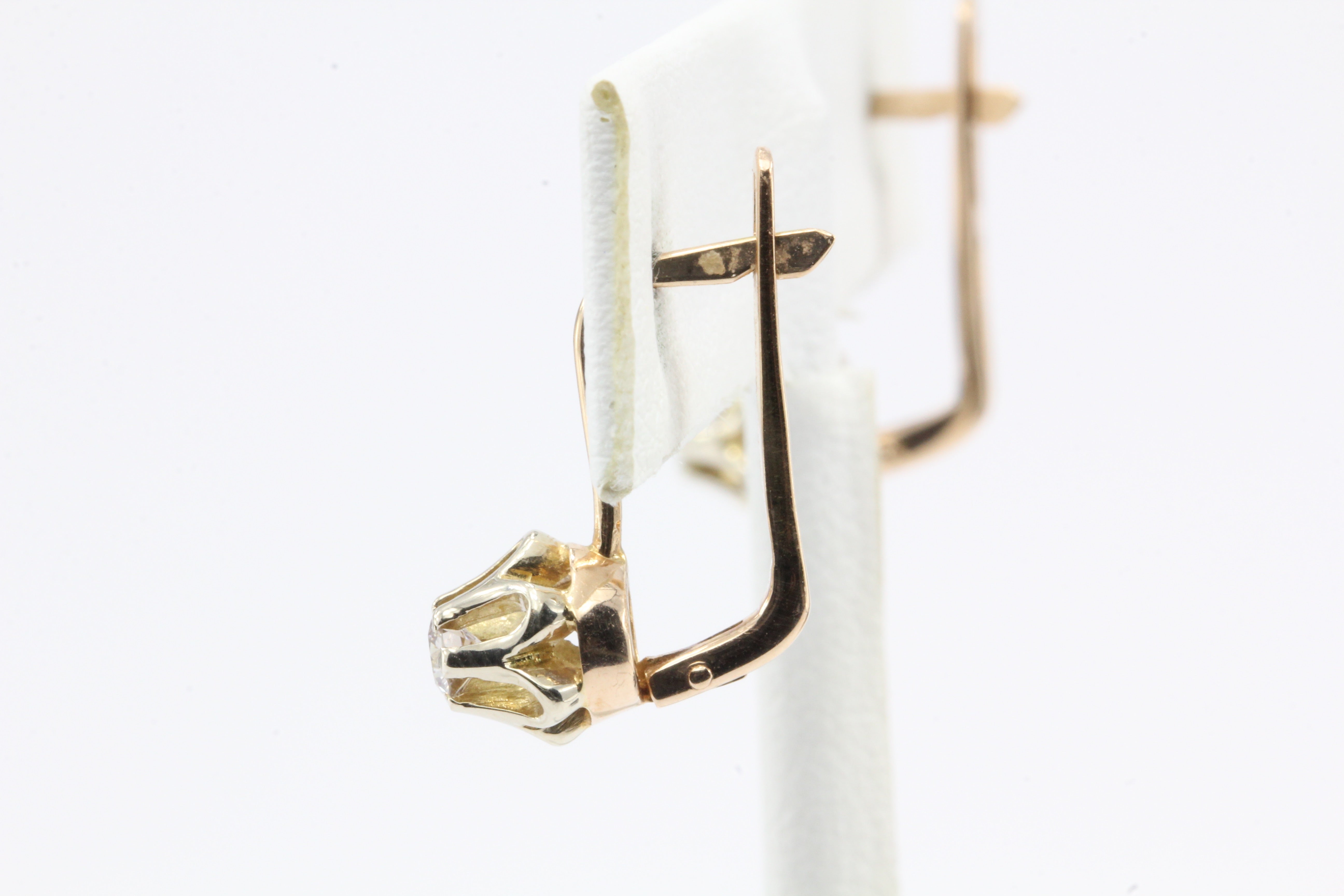 Vintage Soviet Armenia 14K 583 Gold Diamond Belcher Mounted Earrings c.1989 - Queen May