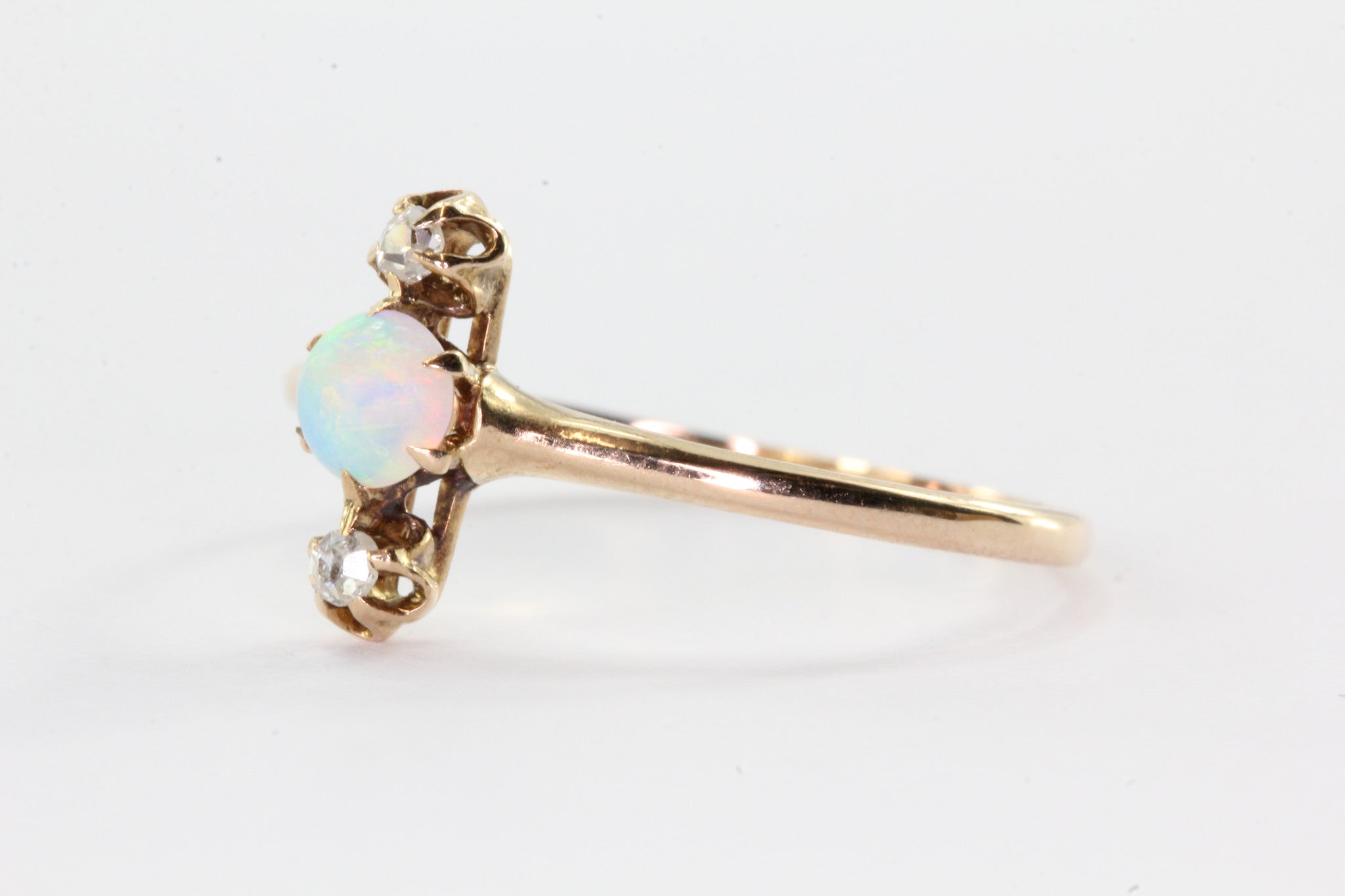 Victorian 14K Rose Gold Opal & Old Mine Cut Diamond Ring - Queen May