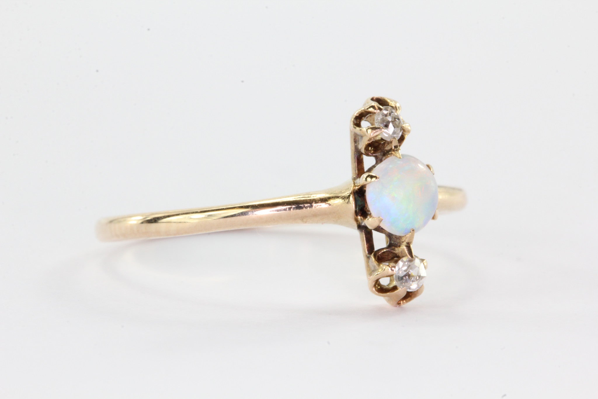 Victorian 14K Rose Gold Opal & Old Mine Cut Diamond Ring - Queen May