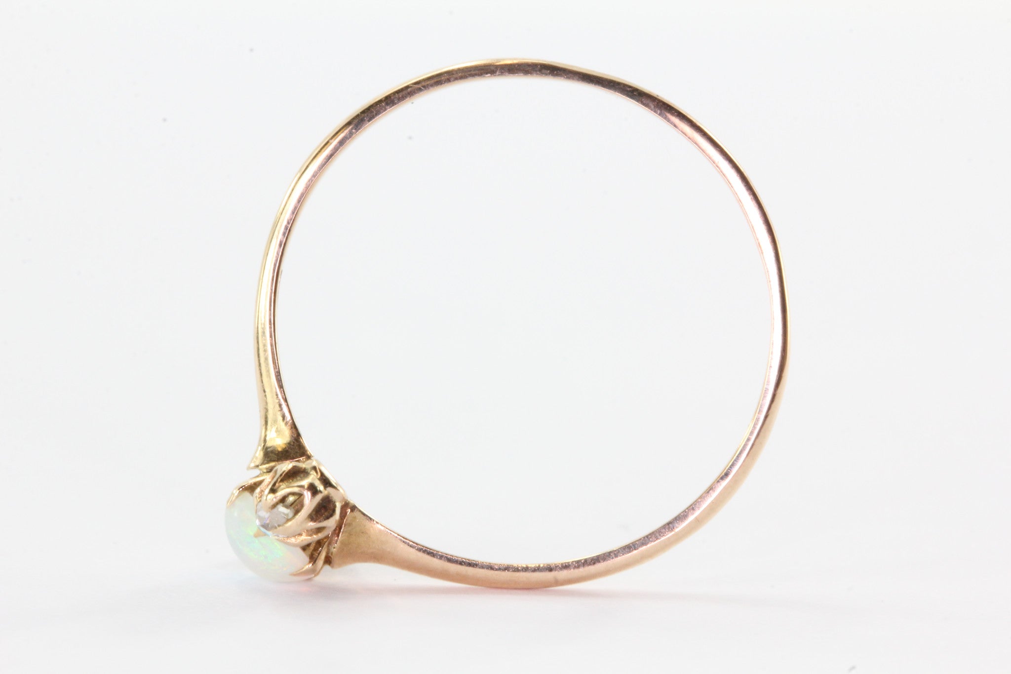 Victorian 14K Rose Gold Opal & Old Mine Cut Diamond Ring - Queen May