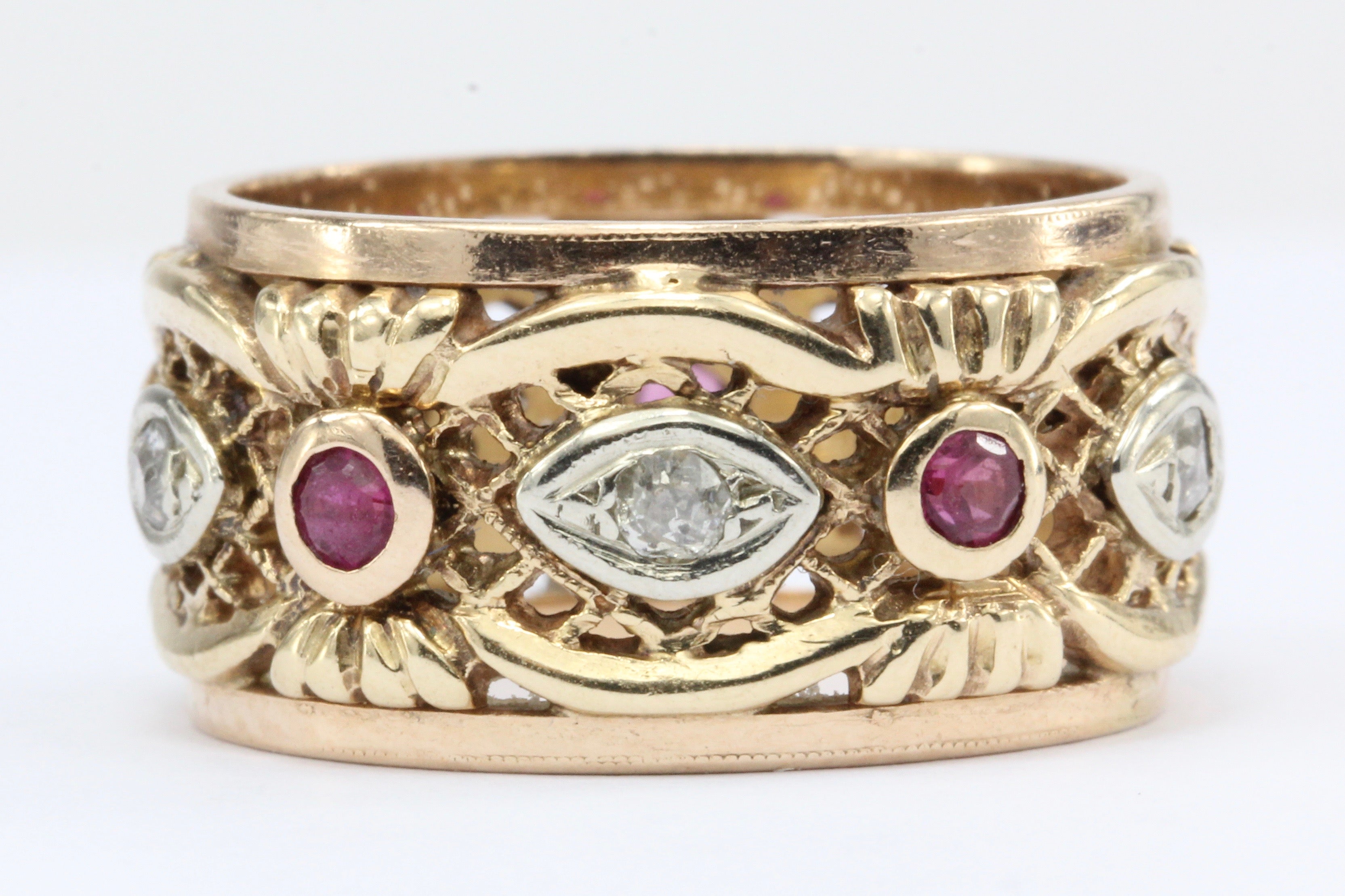 Retro 14K Rose Gold Diamond Ruby Pierced Cigar Band Ring C.1940's - Queen May