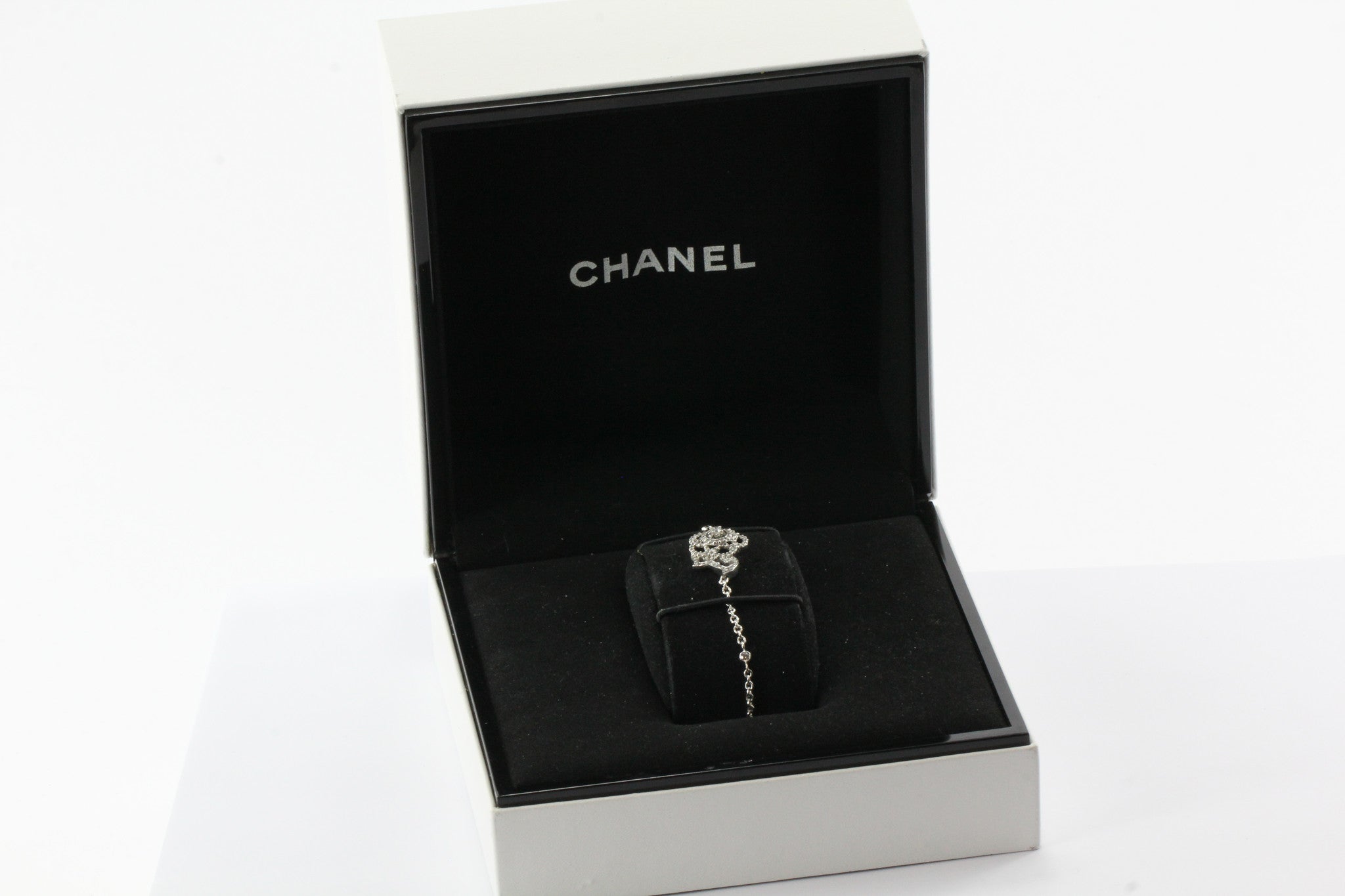 New CHANEL Camelia Brode 18K White Gold & Diamond Bracelet in Box - Queen May