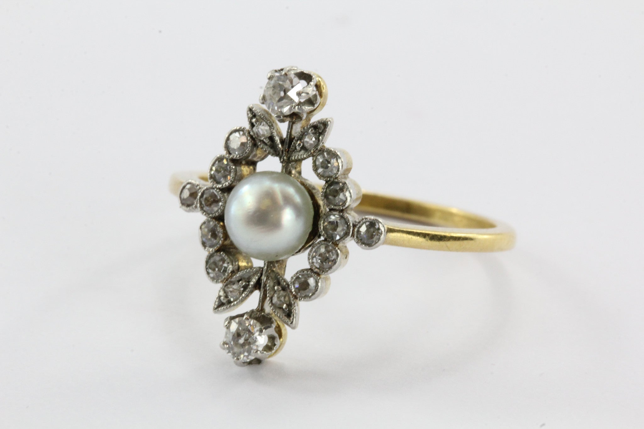 Antique English Edwardian 18K Gold & Platinum Top Diamond & Pearl Ring - Queen May