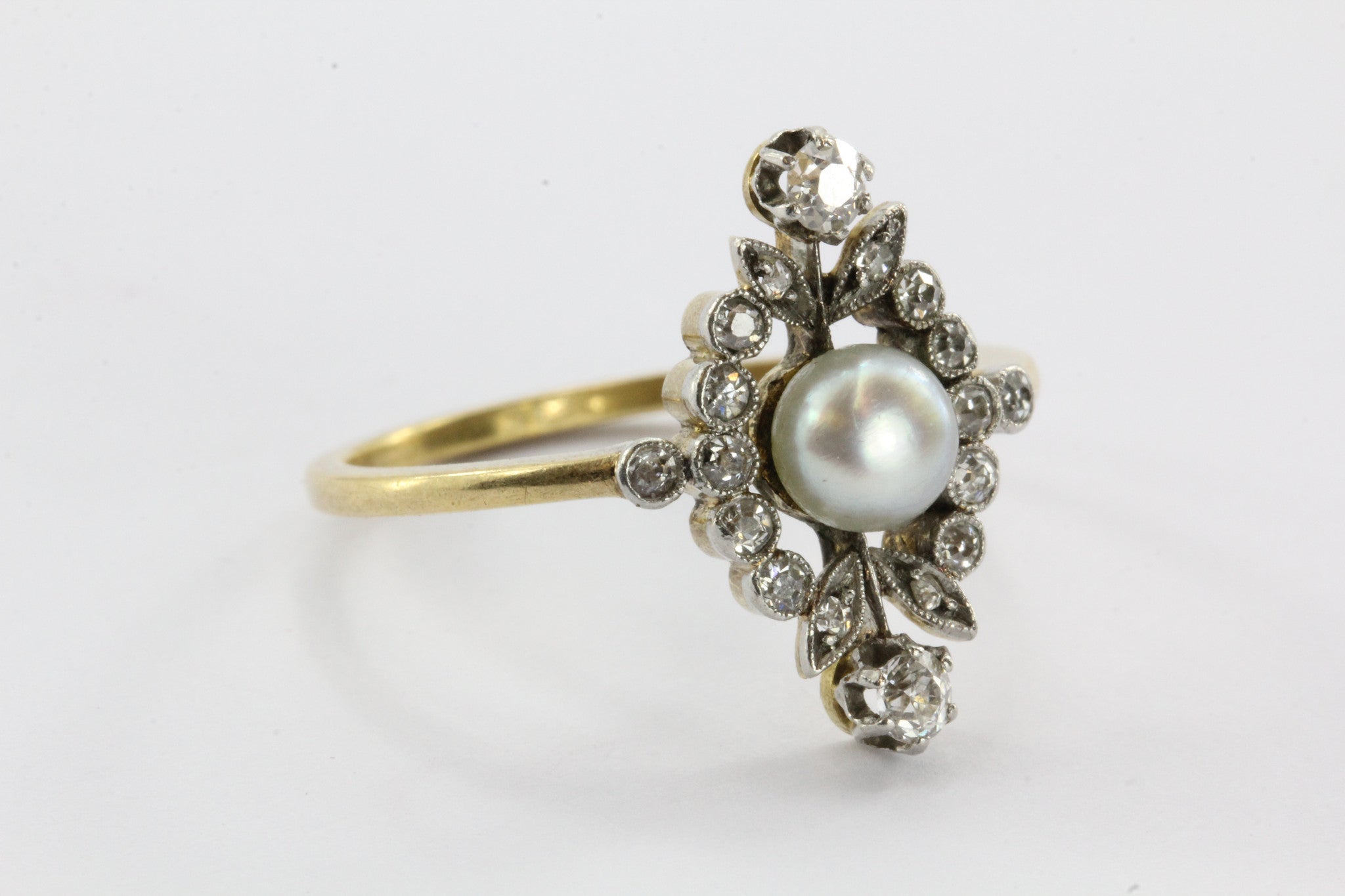 Antique English Edwardian 18K Gold & Platinum Top Diamond & Pearl Ring - Queen May