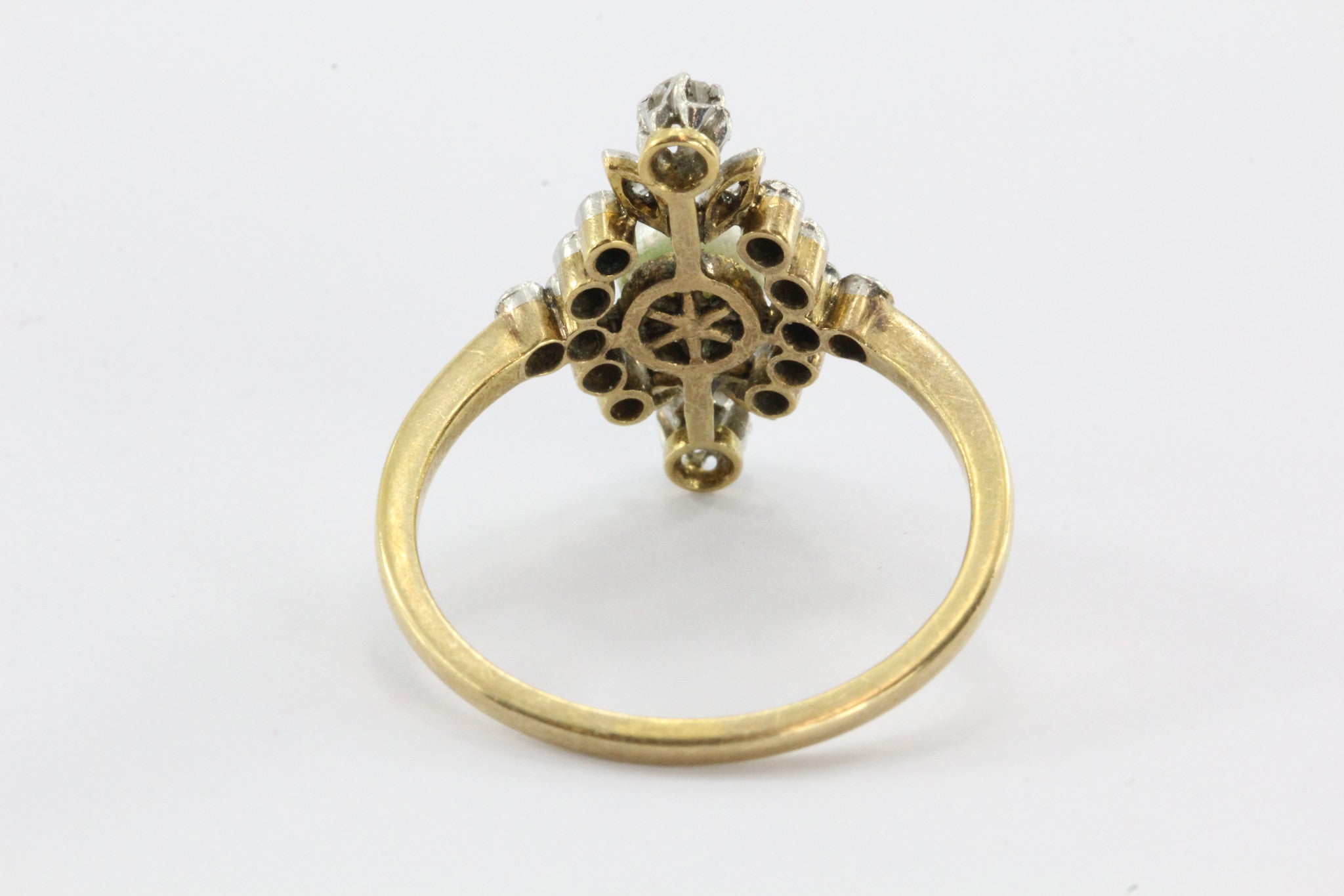 Antique English Edwardian 18K Gold & Platinum Top Diamond & Pearl Ring - Queen May