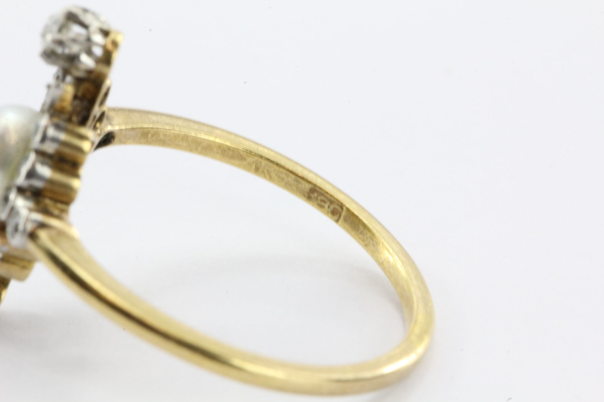Antique English Edwardian 18K Gold & Platinum Top Diamond & Pearl Ring - Queen May