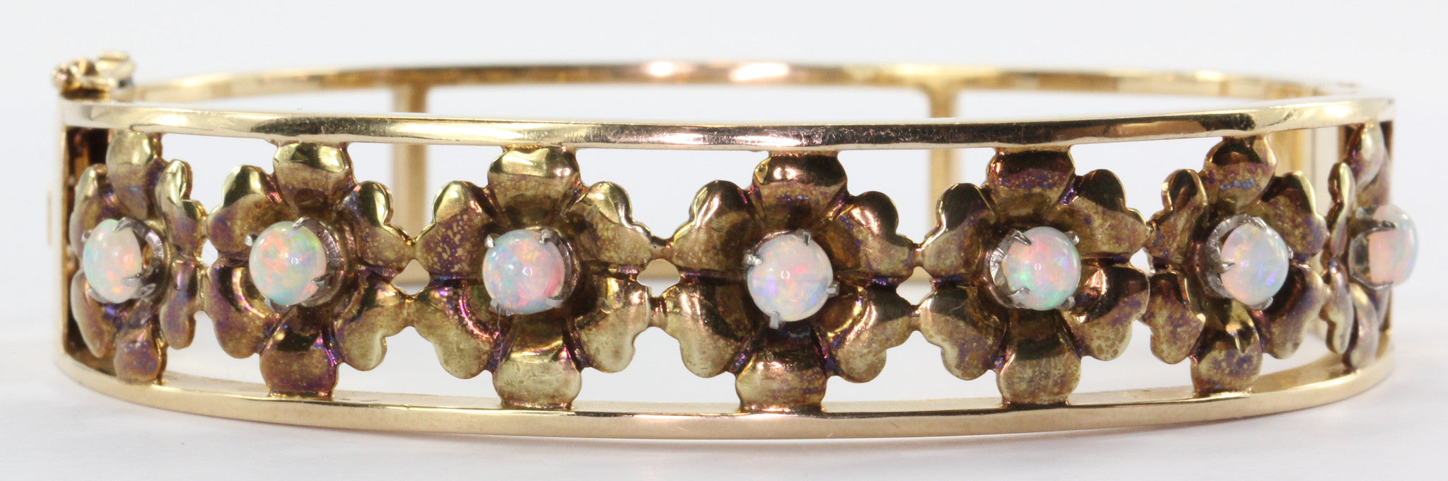 Retro 1960's 14K Yellow Gold Opal Floral Bangle Bracelet - Queen May