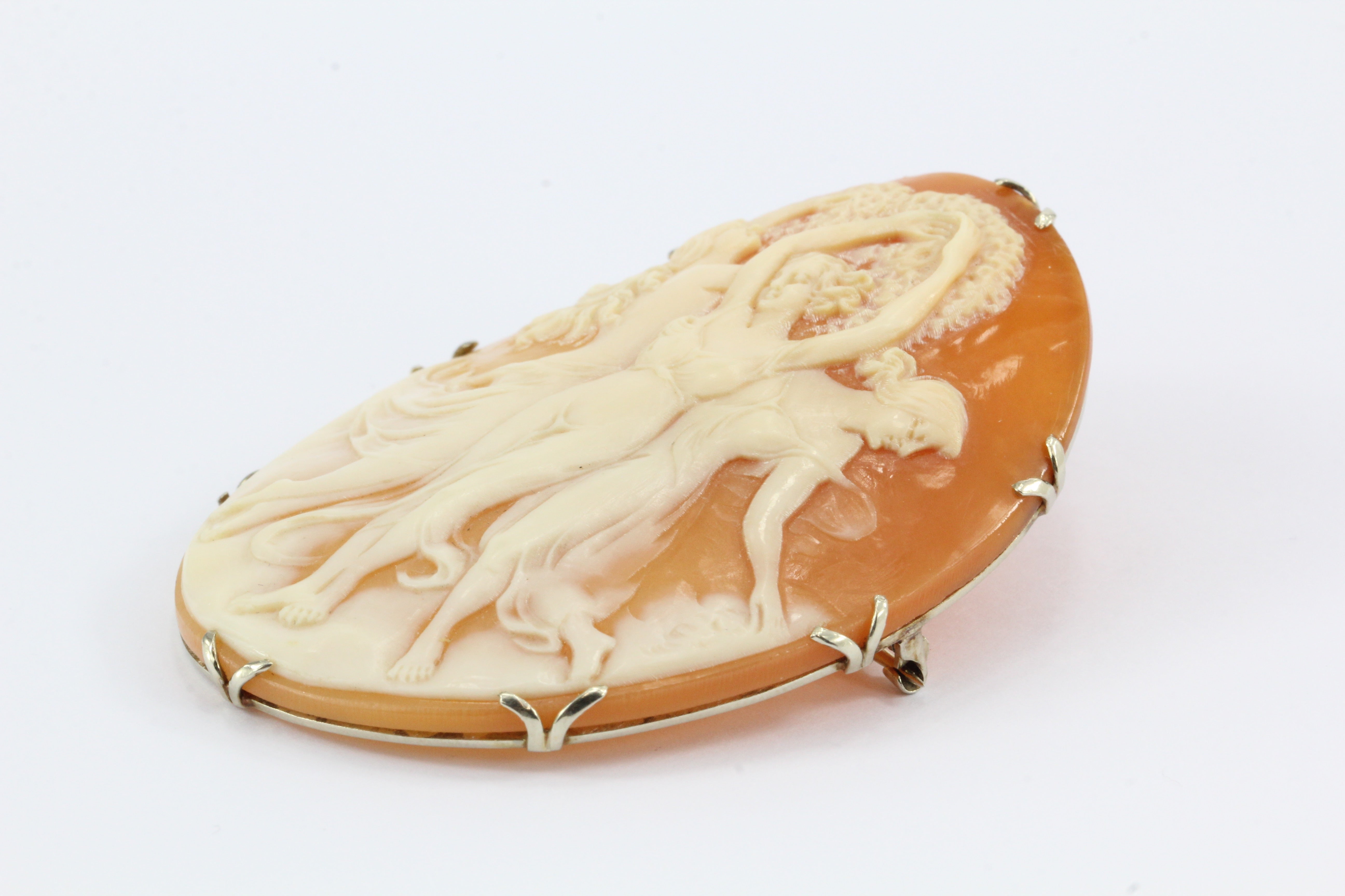 Victorian 14K White Gold Large Three Graces Carved Cameo Pendant/ Brooch c.1890 - Queen May
