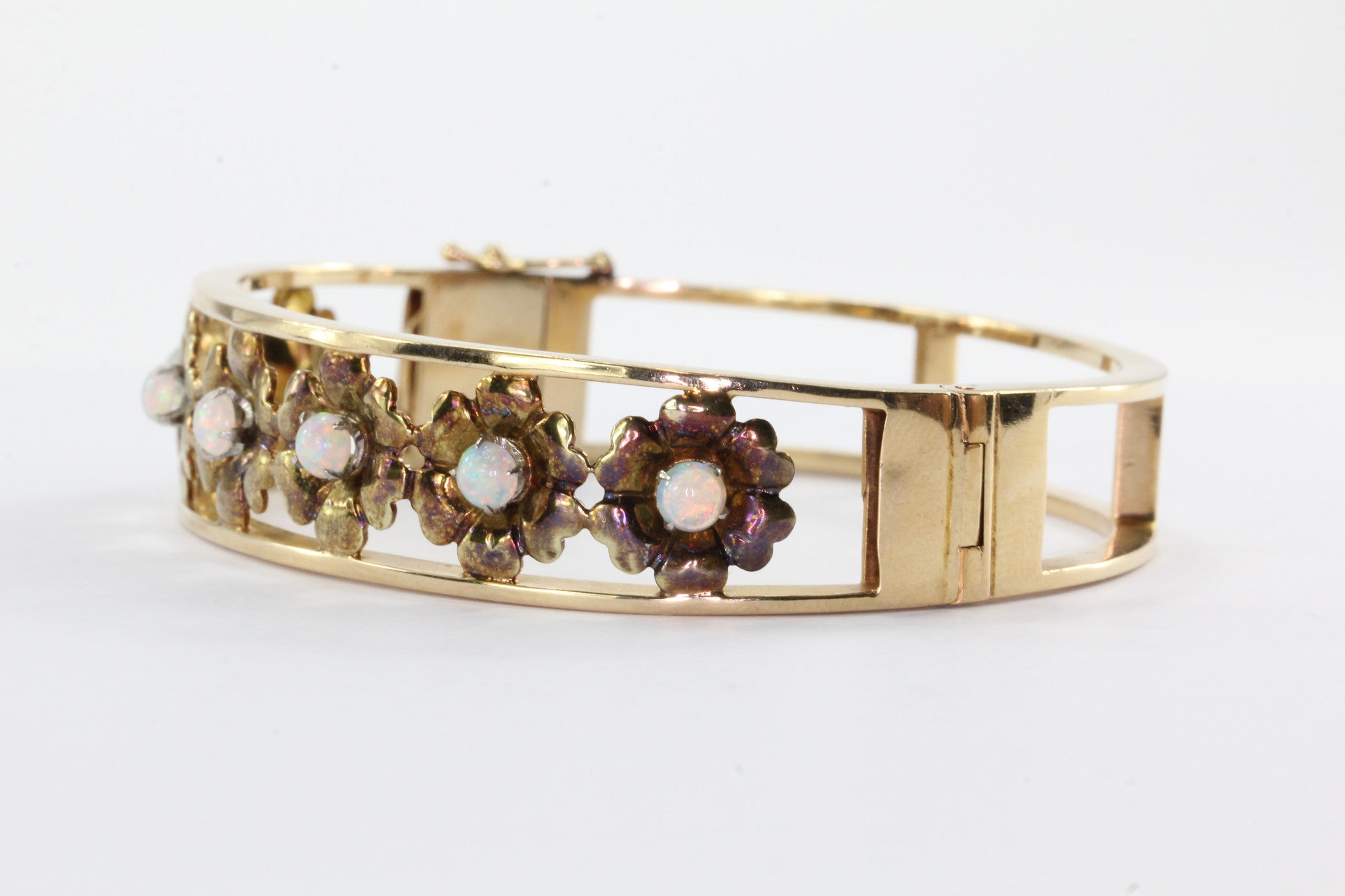 Retro 1960's 14K Yellow Gold Opal Floral Bangle Bracelet - Queen May