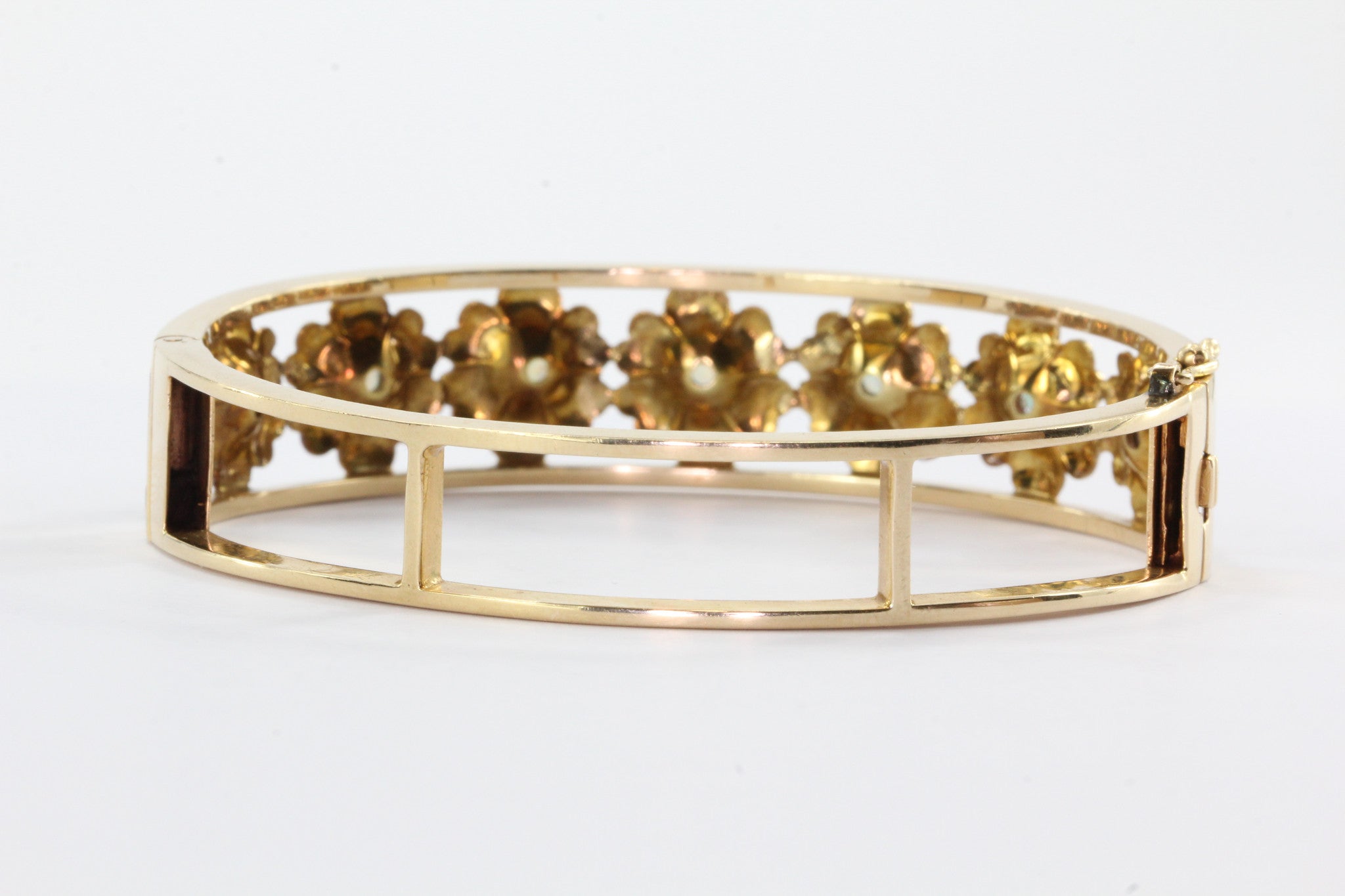 Retro 1960's 14K Yellow Gold Opal Floral Bangle Bracelet - Queen May