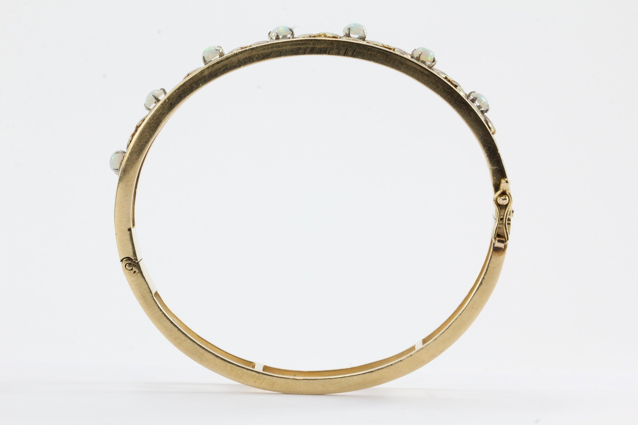 Retro 1960's 14K Yellow Gold Opal Floral Bangle Bracelet - Queen May