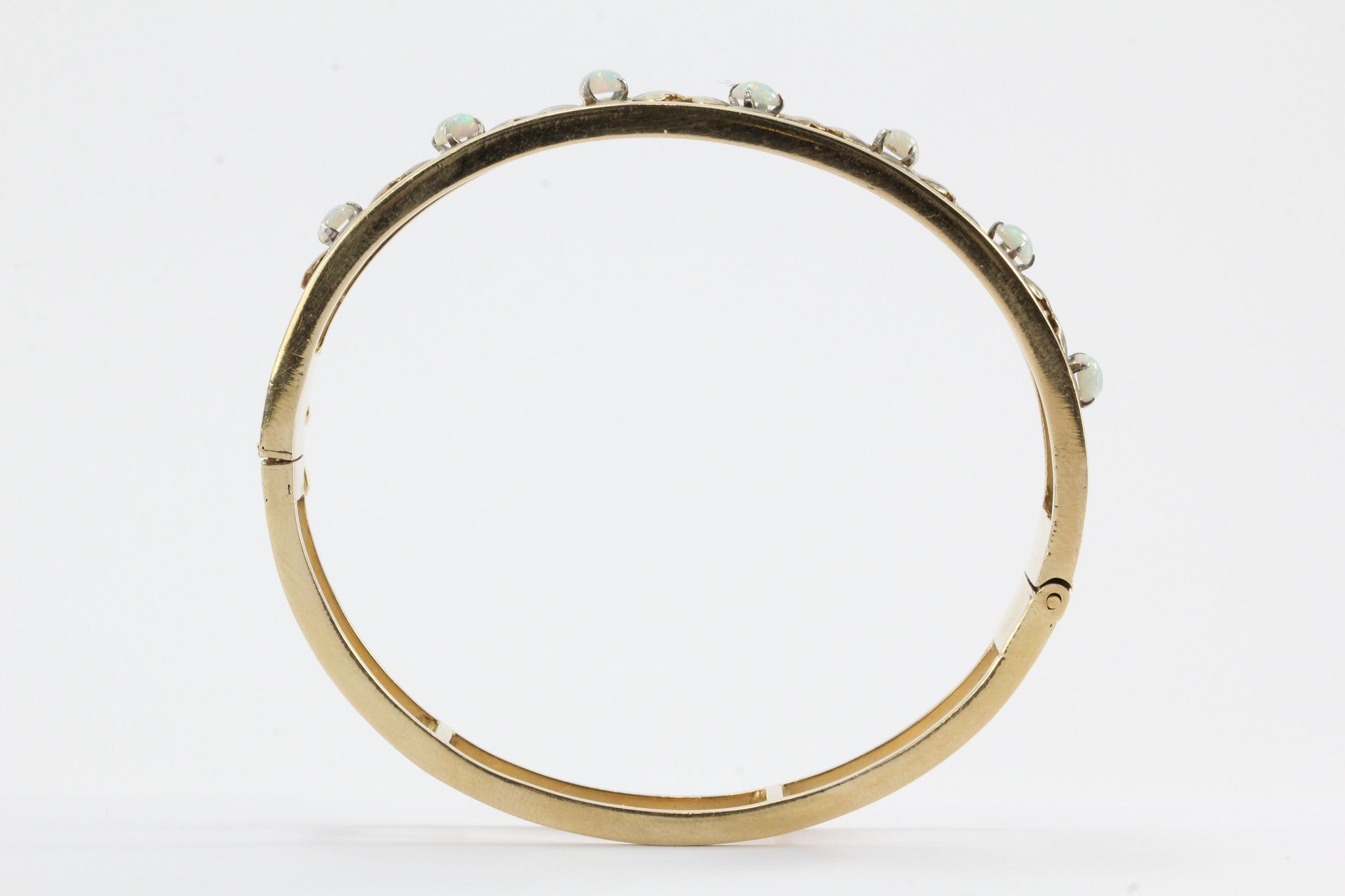Retro 1960's 14K Yellow Gold Opal Floral Bangle Bracelet - Queen May