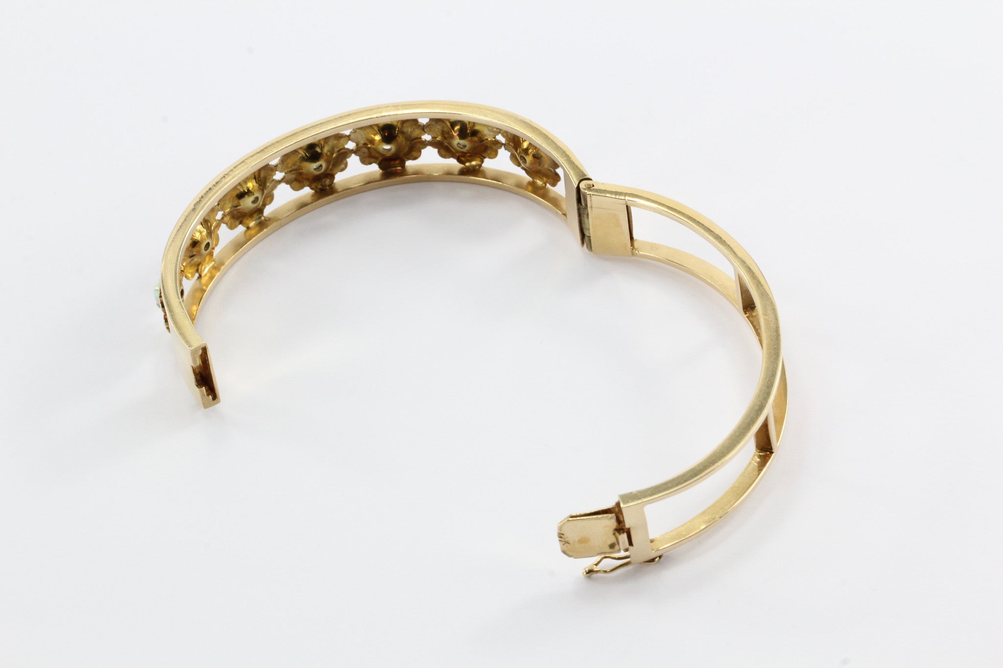 Retro 1960's 14K Yellow Gold Opal Floral Bangle Bracelet - Queen May