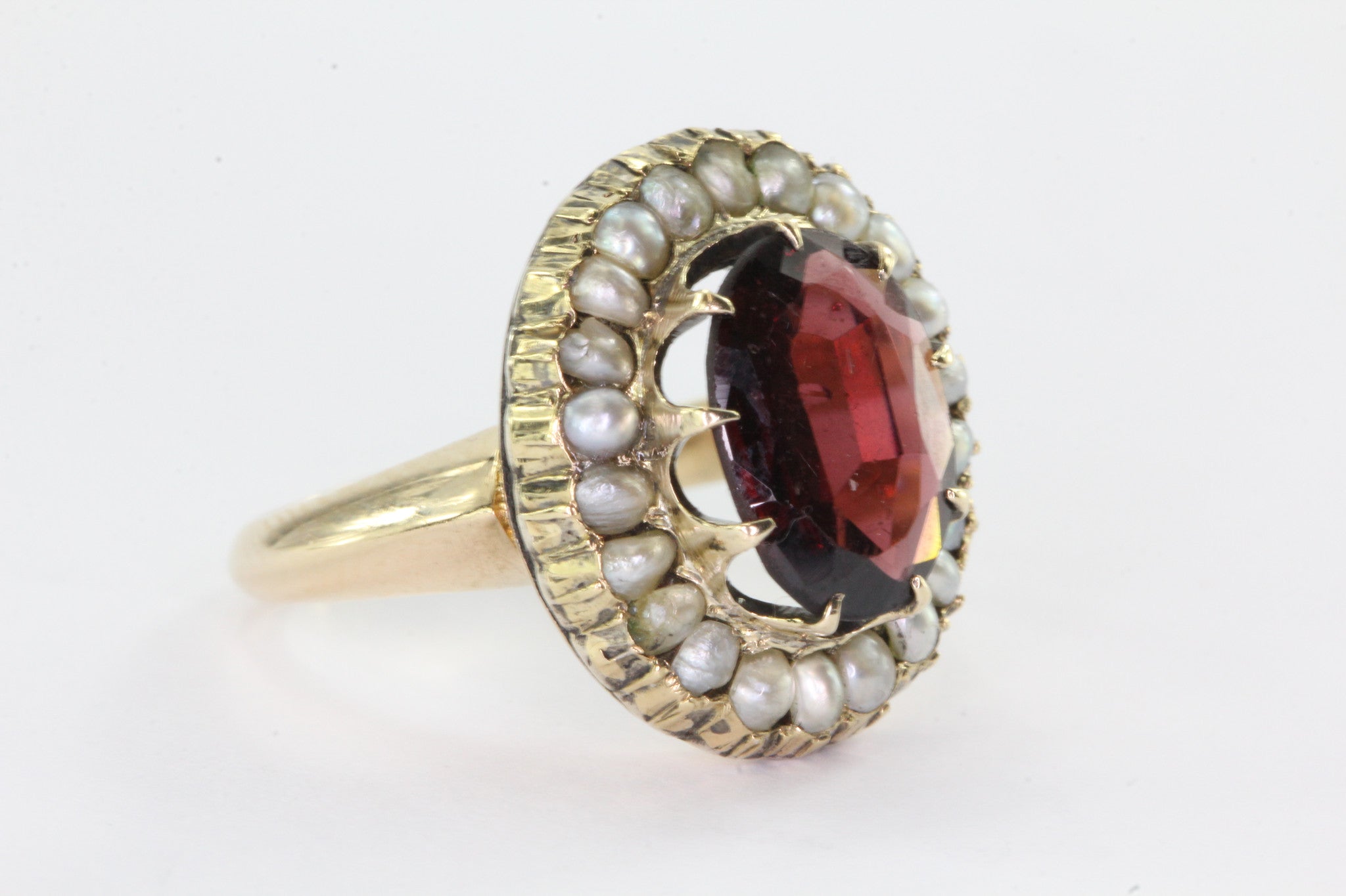 Victorian 14K Gold Garnet Seed Pearl Halo Ring - Queen May