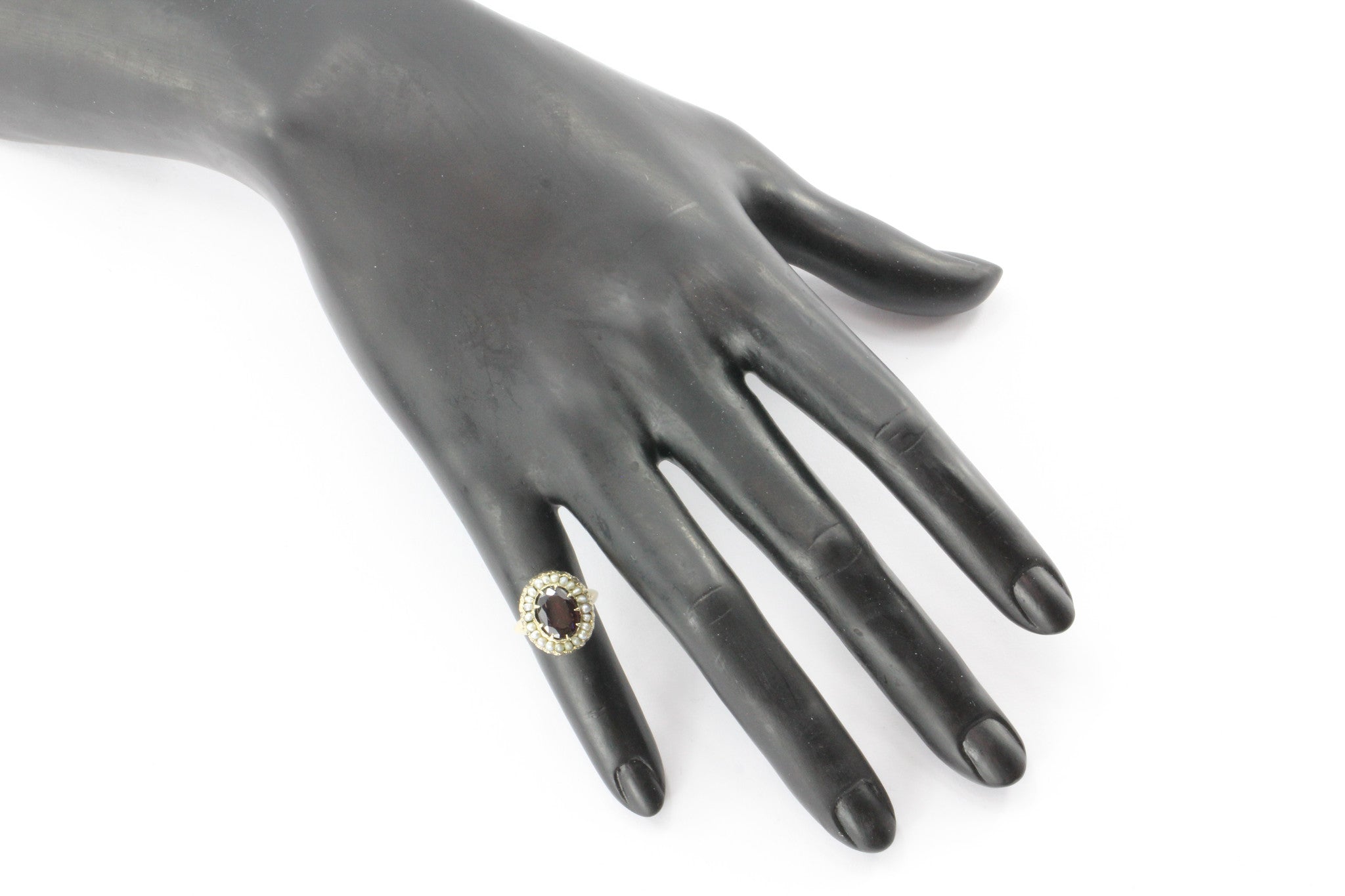 Victorian 14K Gold Garnet Seed Pearl Halo Ring - Queen May