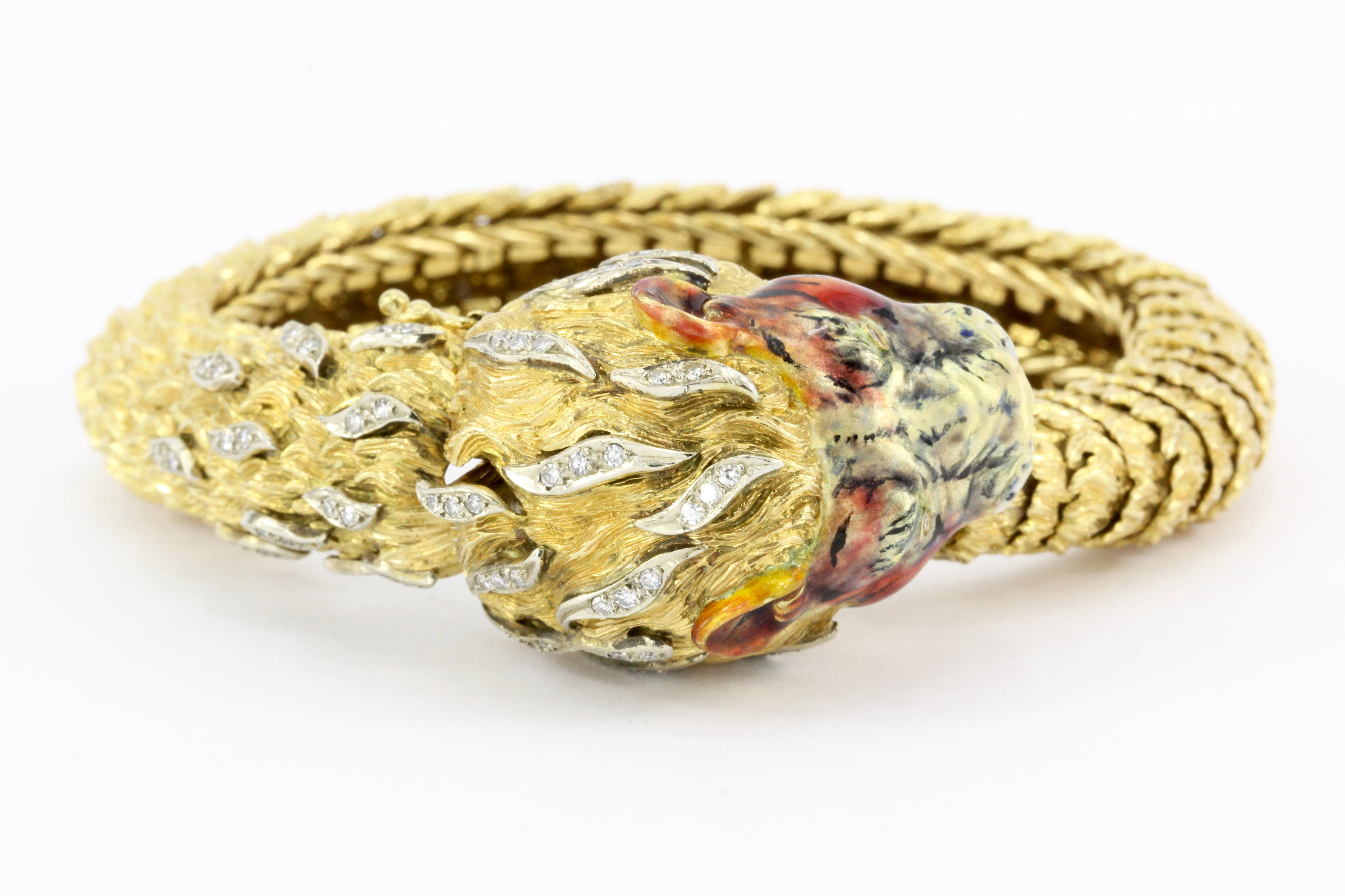 Retro 18K Yellow Gold Diamond & Enamel Lion Head Bracelet - Queen May