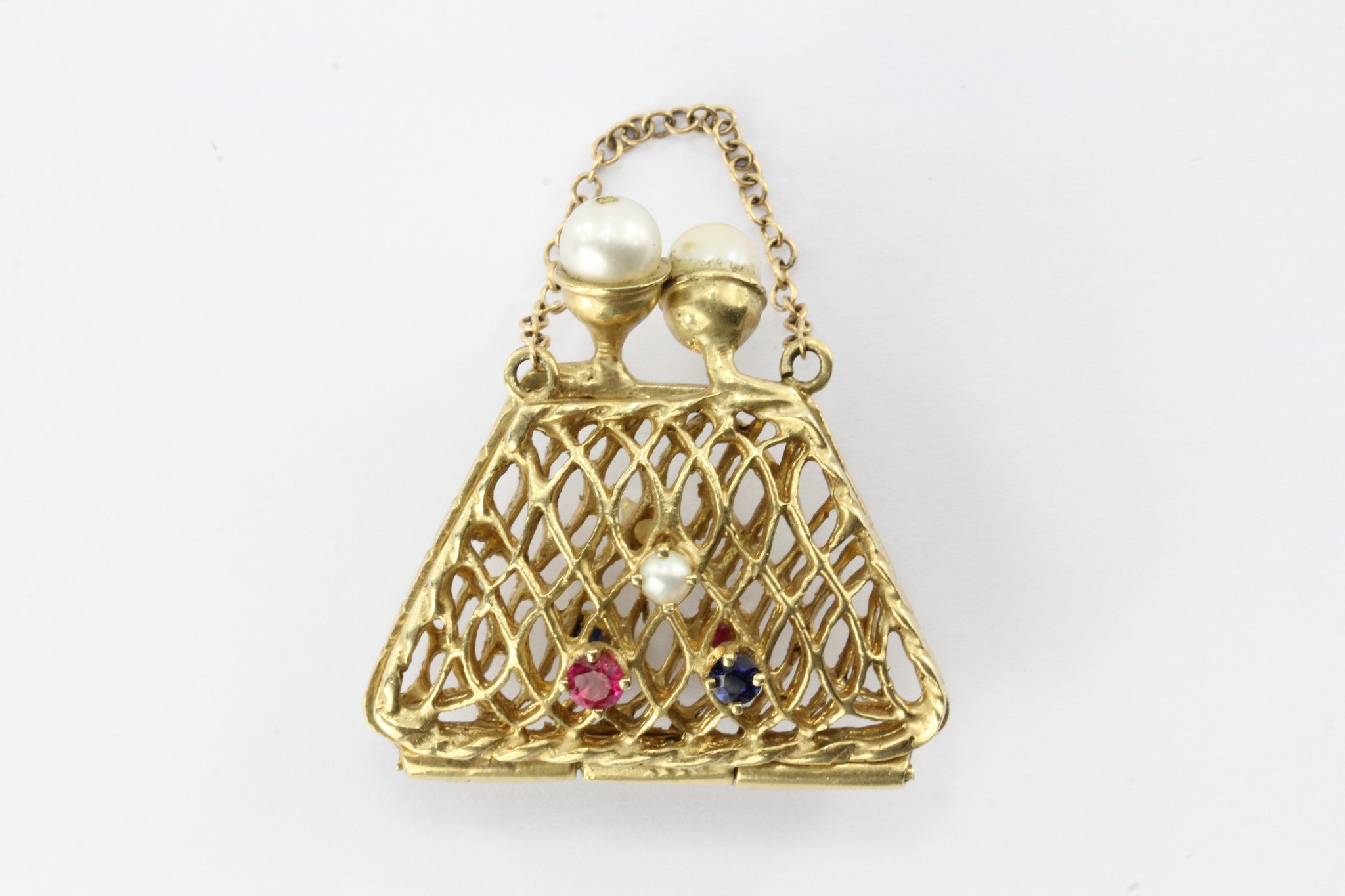 14K Gold Woven Sapphire, Ruby, & Pearl Opening Purse Pendant / Charm - Queen May