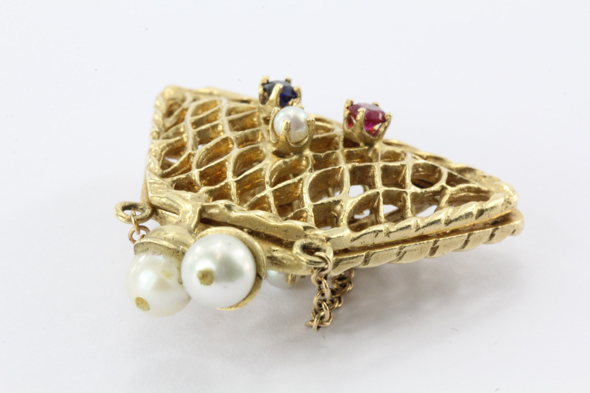 14K Gold Woven Sapphire, Ruby, & Pearl Opening Purse Pendant / Charm - Queen May