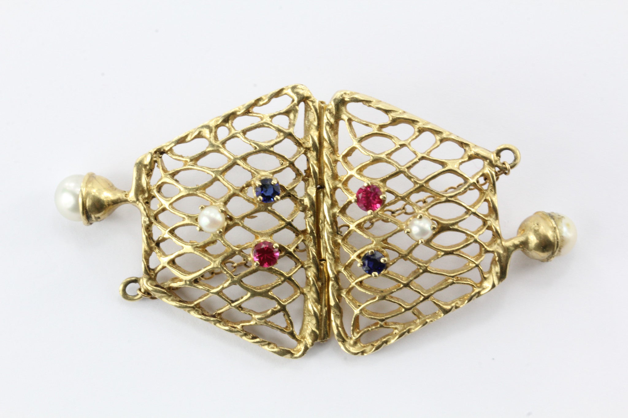 14K Gold Woven Sapphire, Ruby, & Pearl Opening Purse Pendant / Charm - Queen May