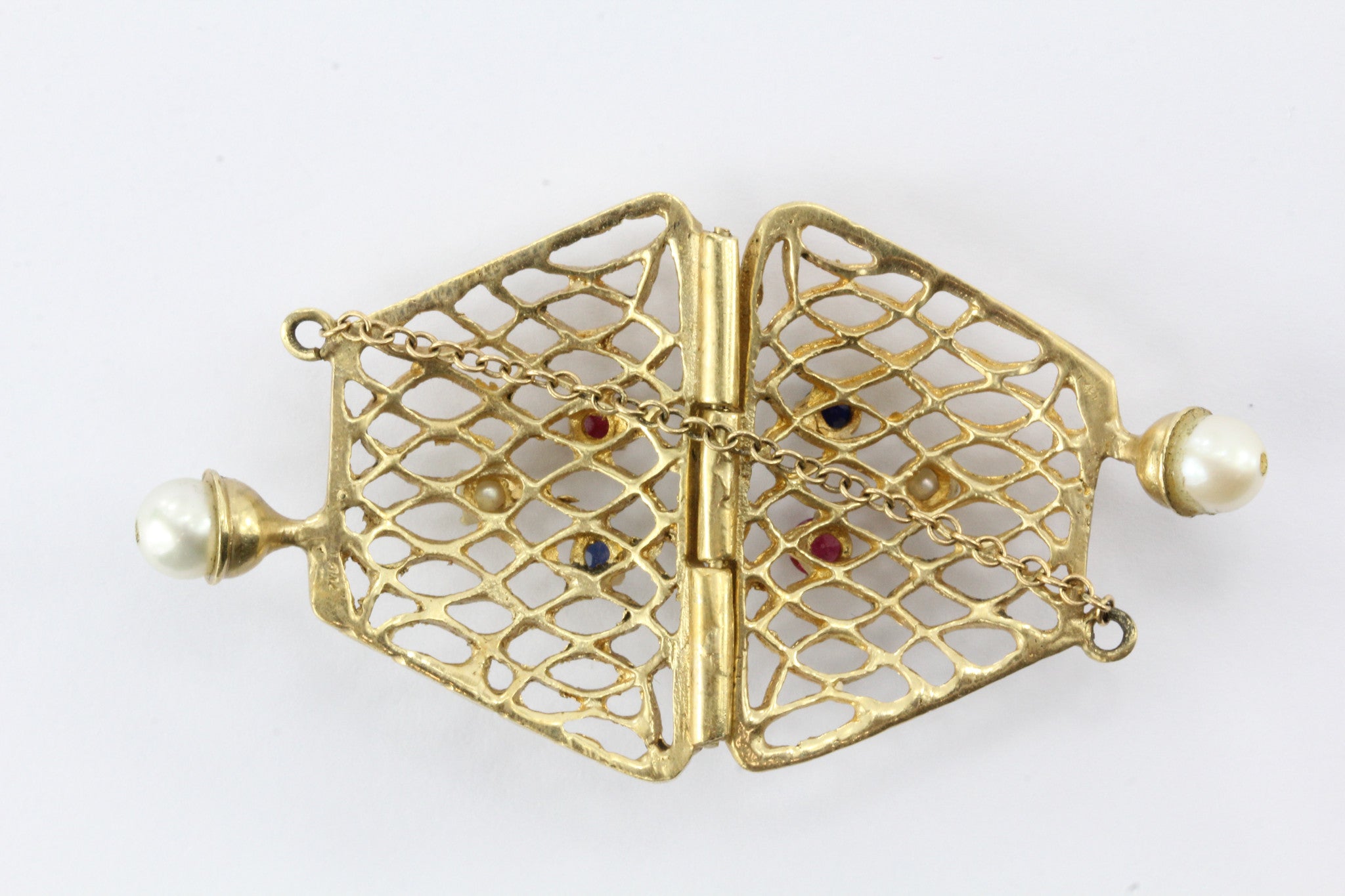 14K Gold Woven Sapphire, Ruby, & Pearl Opening Purse Pendant / Charm - Queen May