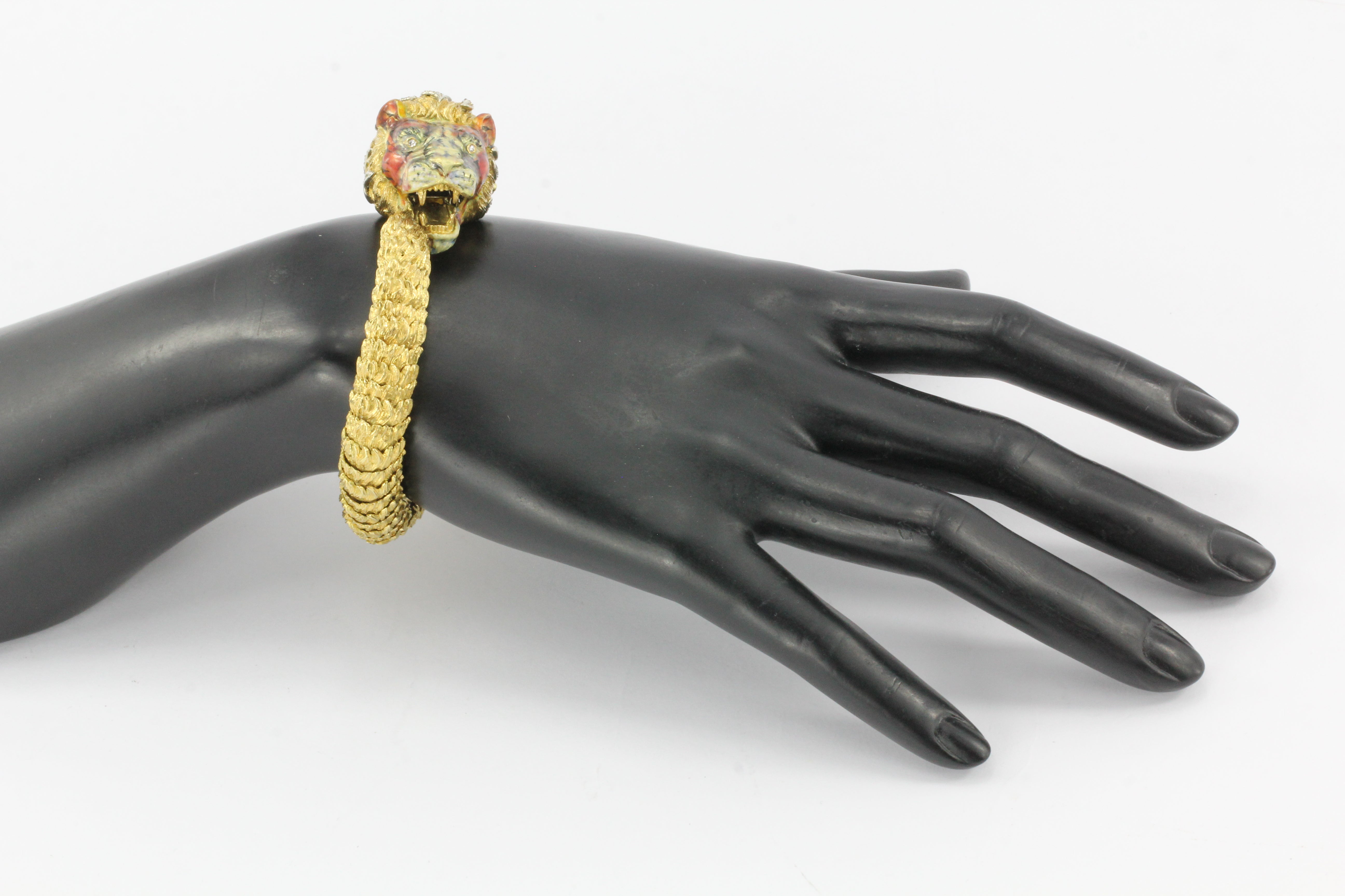 Retro 18K Yellow Gold Diamond & Enamel Lion Head Bracelet - Queen May