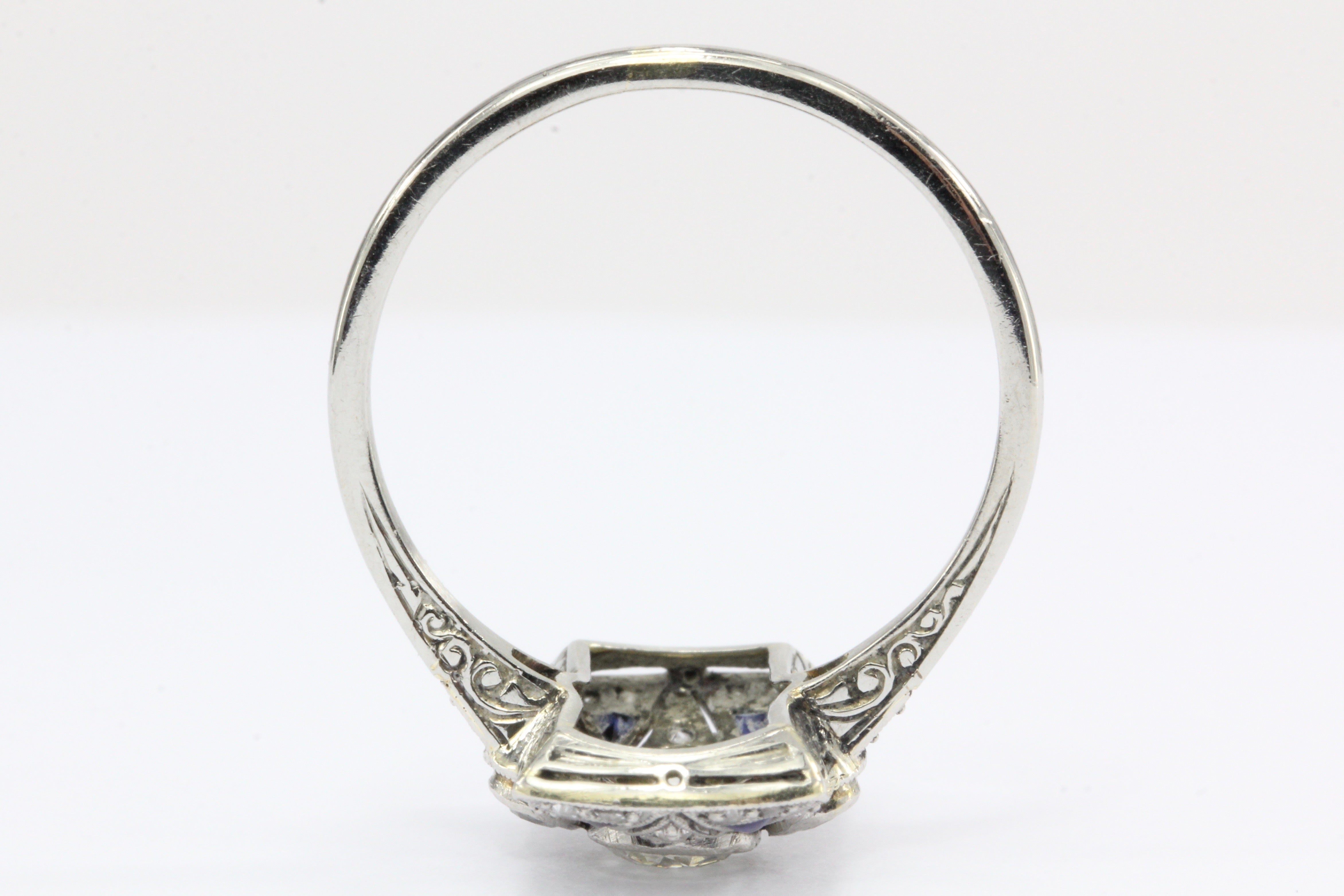 Art Deco 18K White Gold Diamond and Sapphire Ring - Queen May