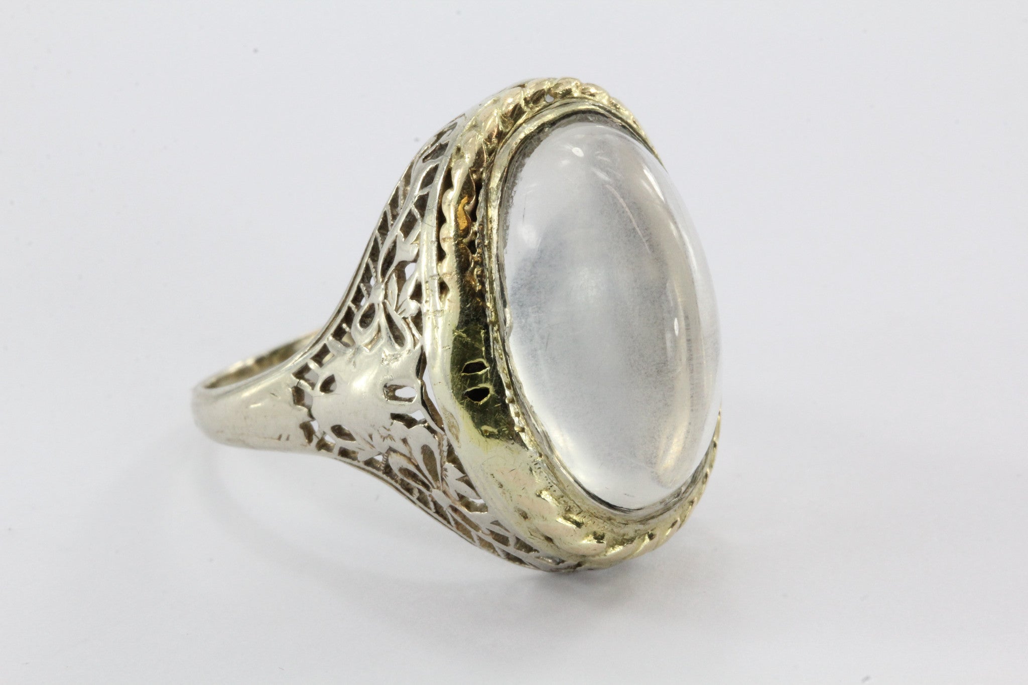 Antique Art Deco 14k White Gold Huge 8 Carat Moonstone Chunky Ring - Queen May