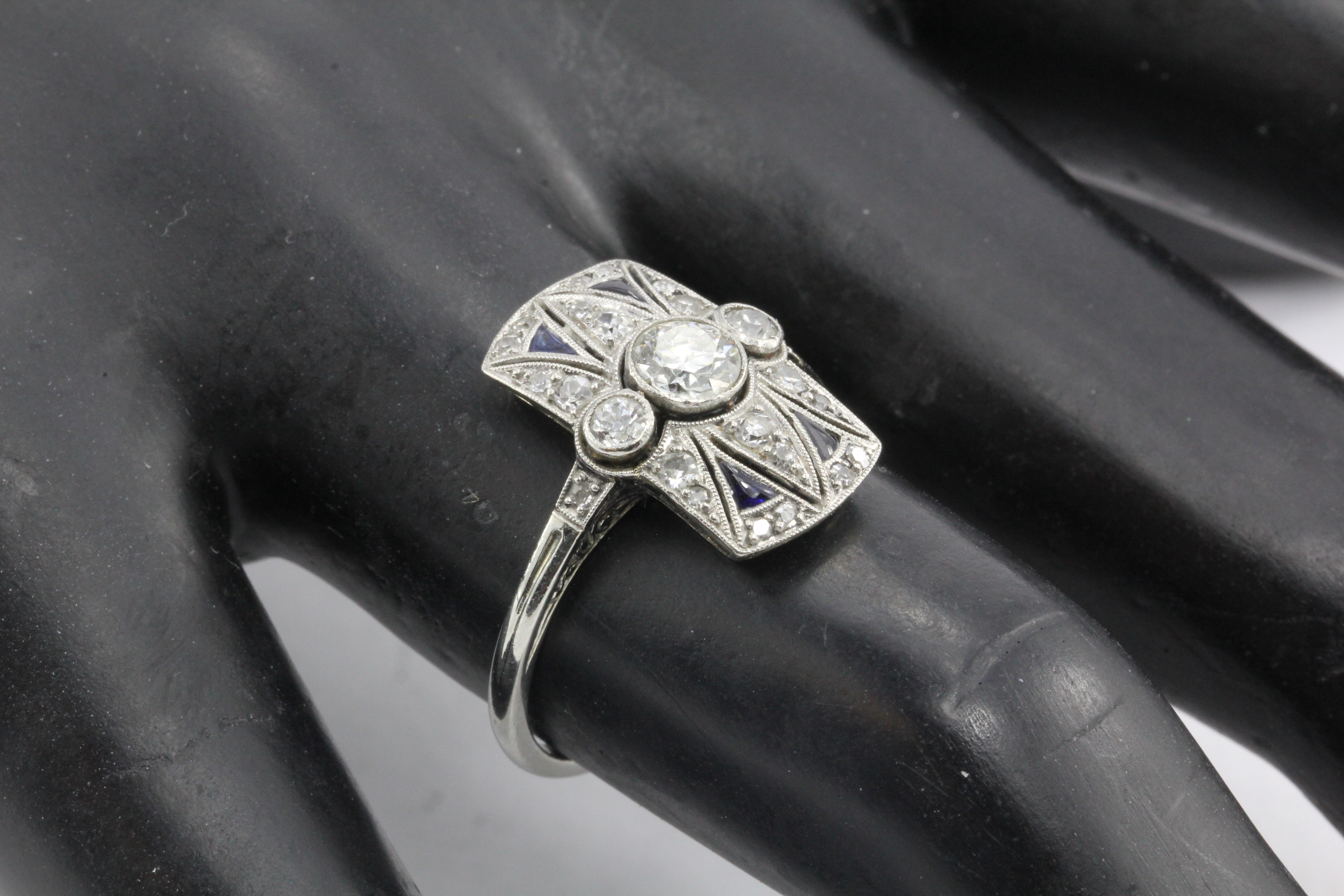 Art Deco 18K White Gold Diamond and Sapphire Ring - Queen May