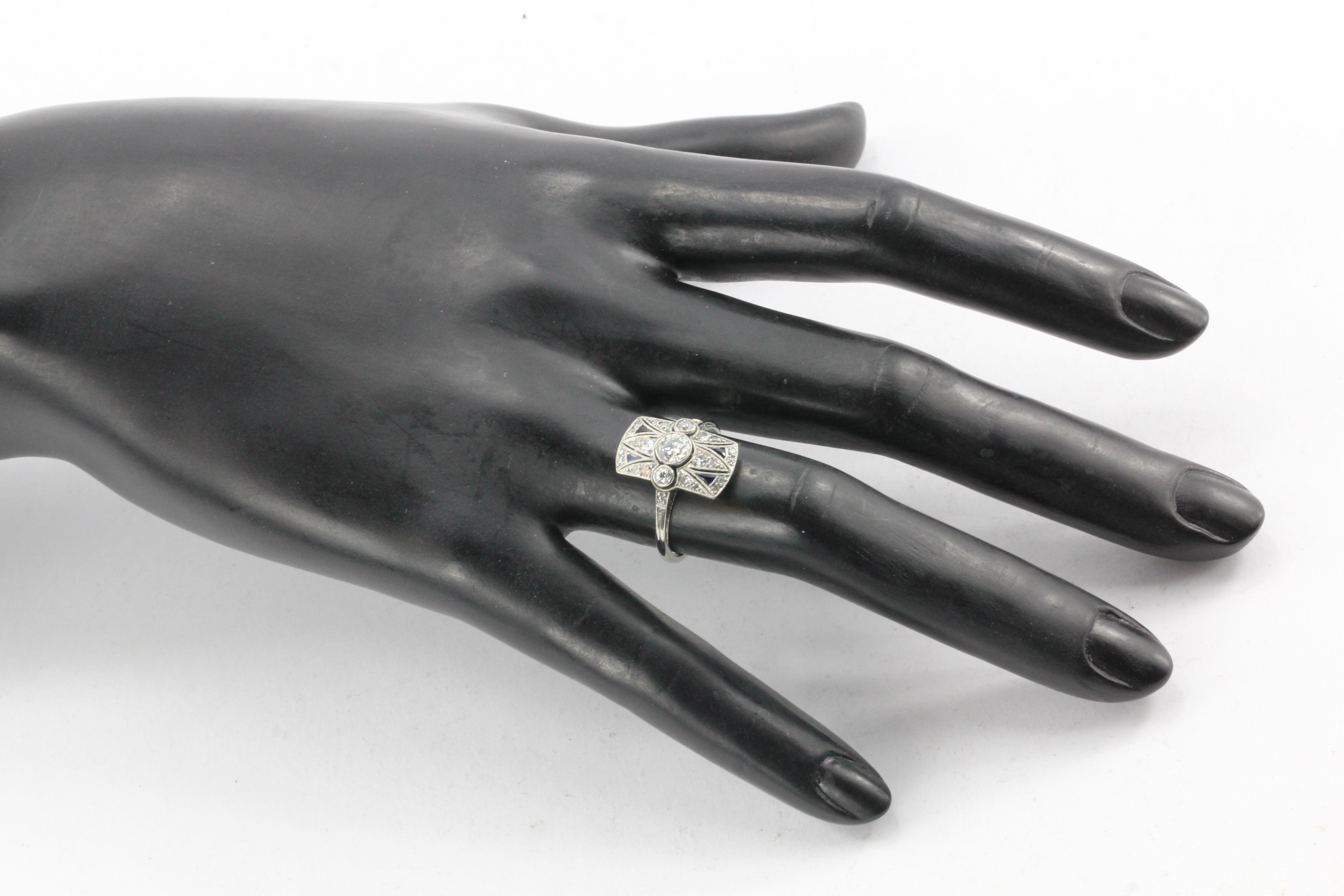 Art Deco 18K White Gold Diamond and Sapphire Ring - Queen May