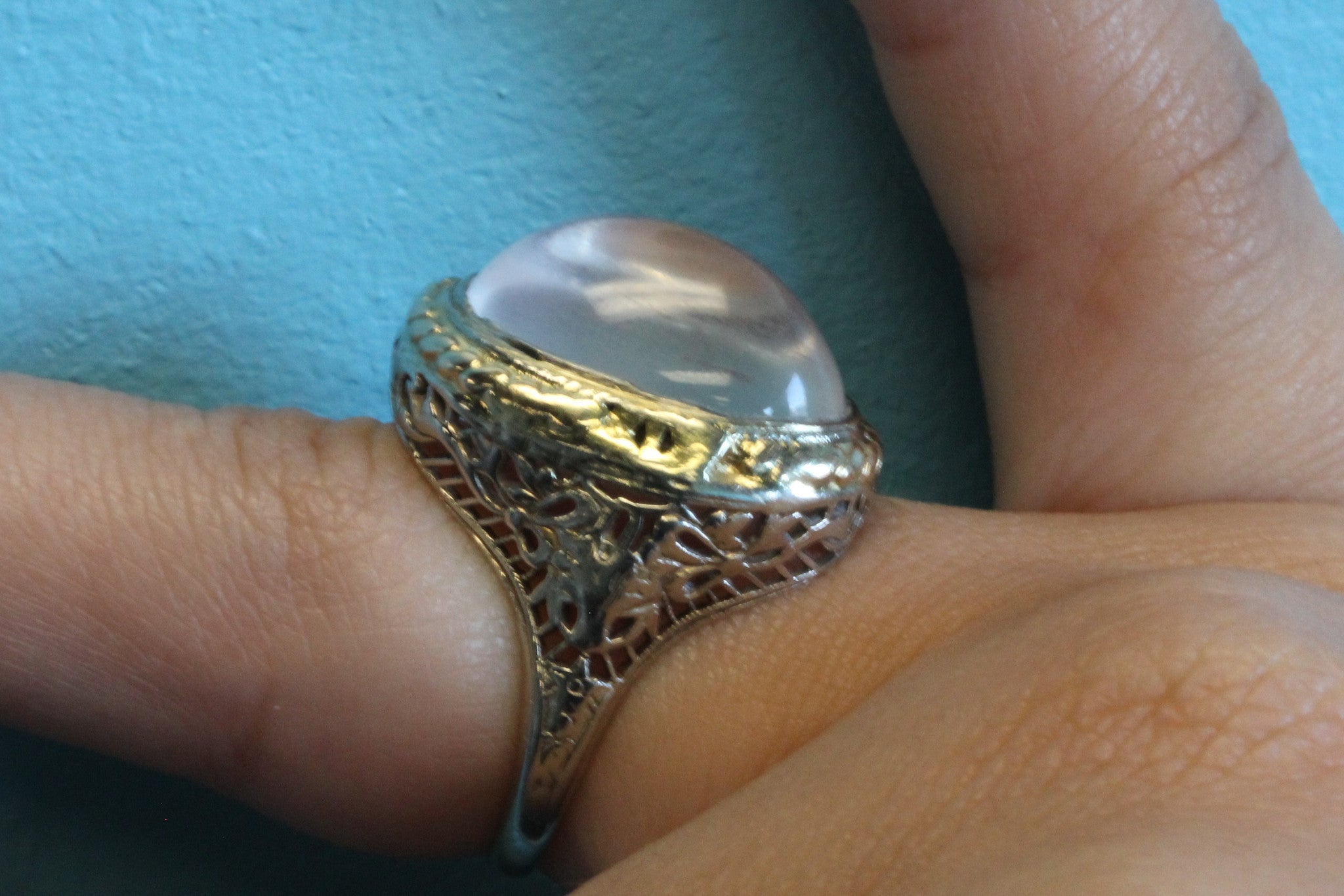 Antique Art Deco 14k White Gold Huge 8 Carat Moonstone Chunky Ring - Queen May