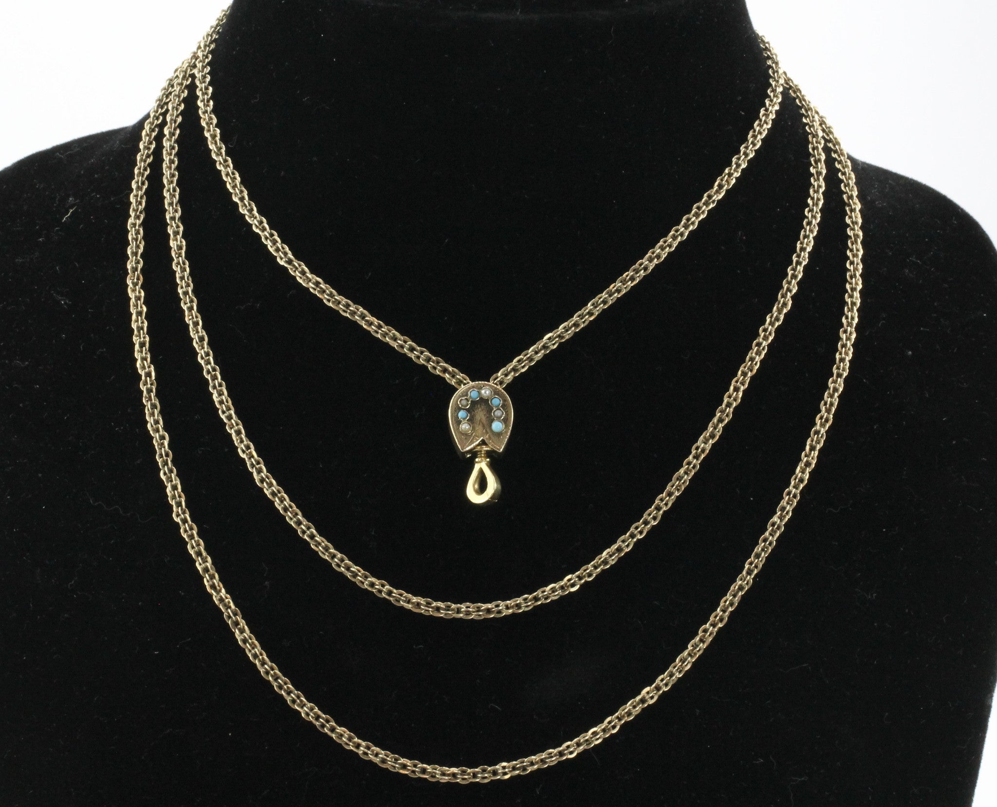 Antique Victorian 14K Gold Turquoise & Seed Pearl Lorgnette Watch Necklace Chain - Queen May