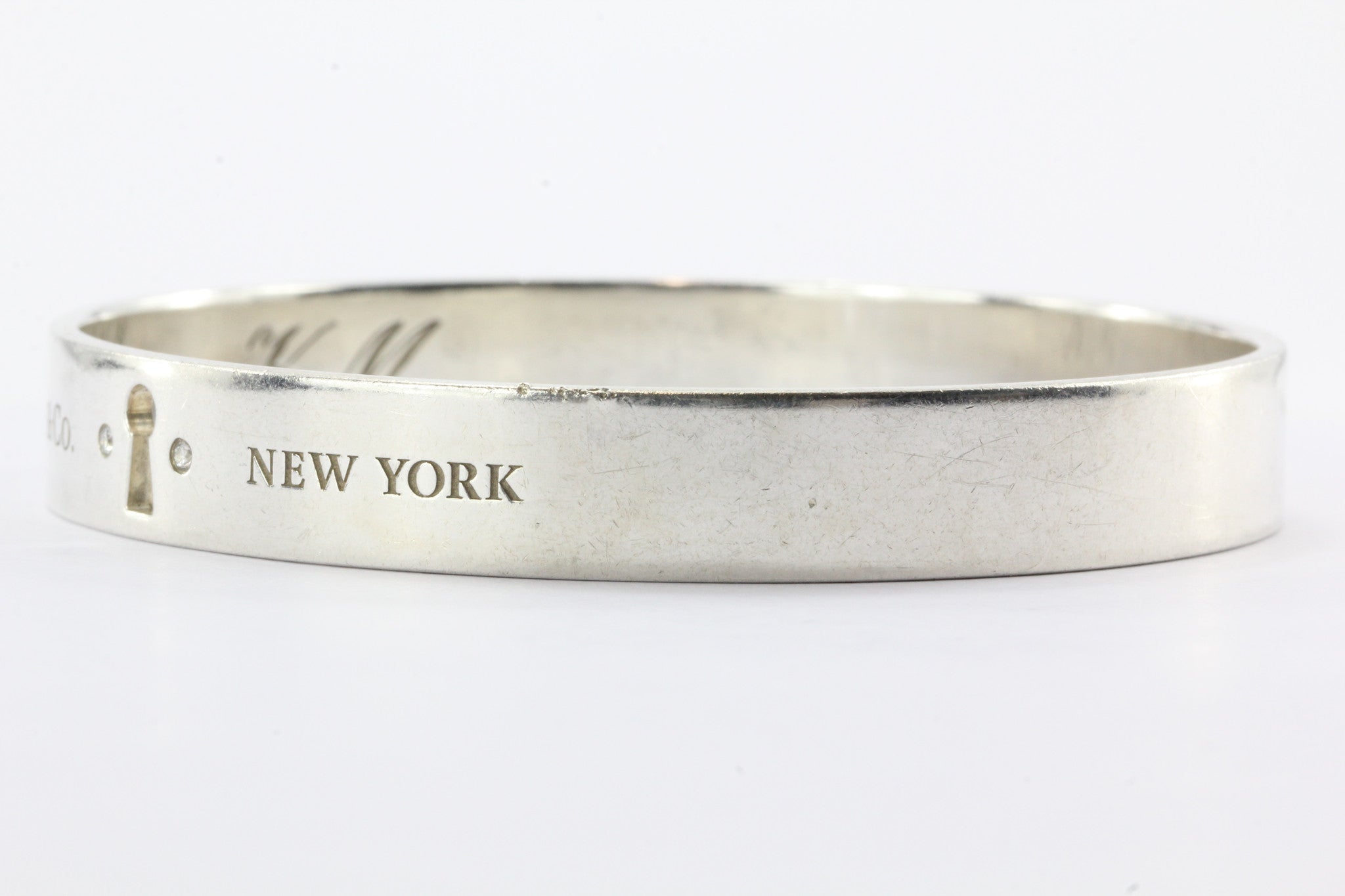 Tiffany & Co Sterling Silver Keyhole Bangle w/ Diamonds Bracelet - Queen May