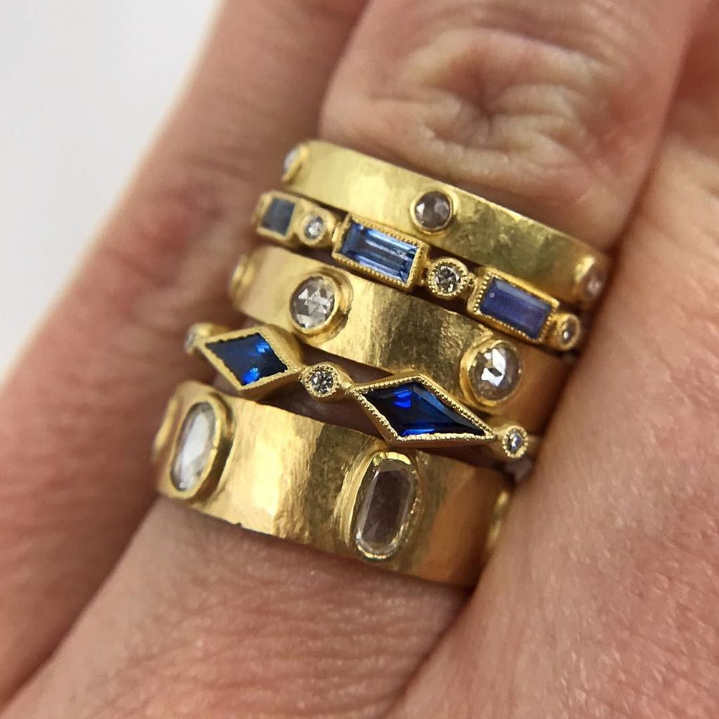 18K Yellow Gold Blockette Kite Blue Sapphire Diamond Ring Size 7 - Queen May