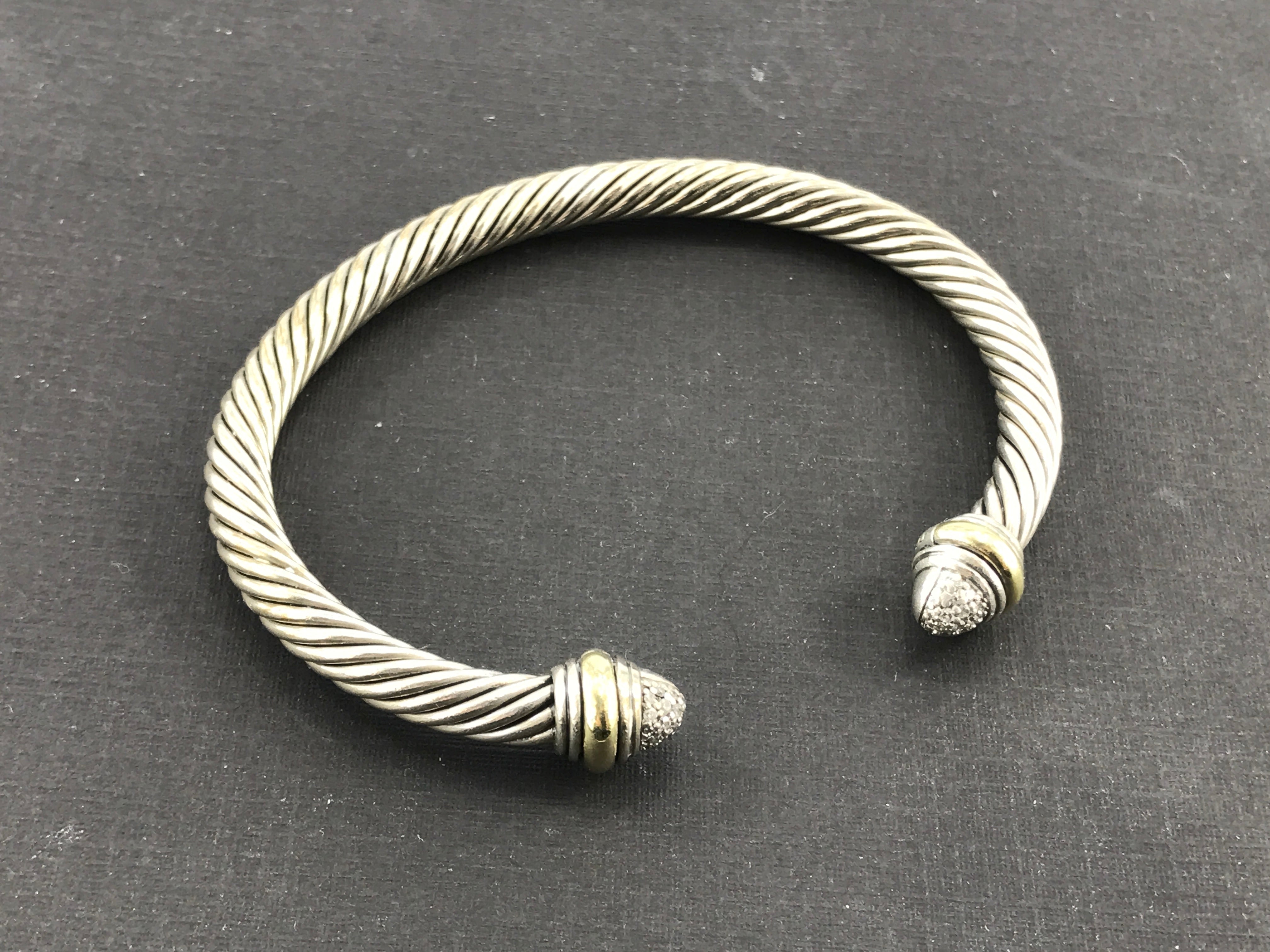 David Yurman Sterling Silver & 14K Gold Diamond 5mm Cable Cuff Bracelet - Queen May