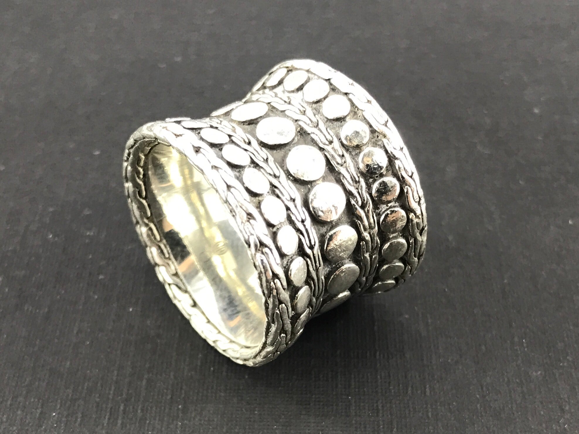 John Hardy Sterling Silver Dot Collection Wide Concave Band Ring Size 8.75 - Queen May